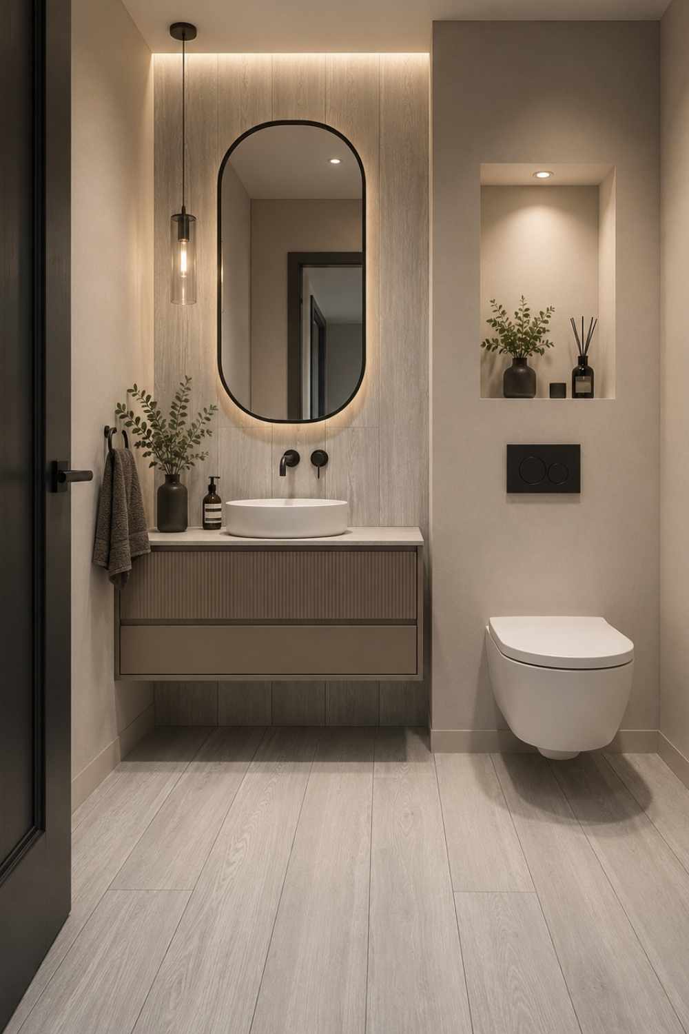 Olmo Beige 20x120 cm matt als Boden- und Wandfliese in heller Holzoptik im modernen Gäste-WC