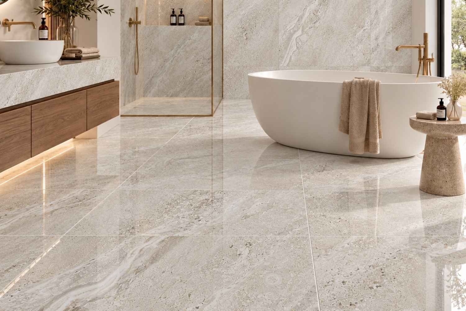 Restposten Fliese Steinoptik beige grau glänzend 80 x 80 cm "Dyna Pearl" Feinsteinzeug rektifiziert