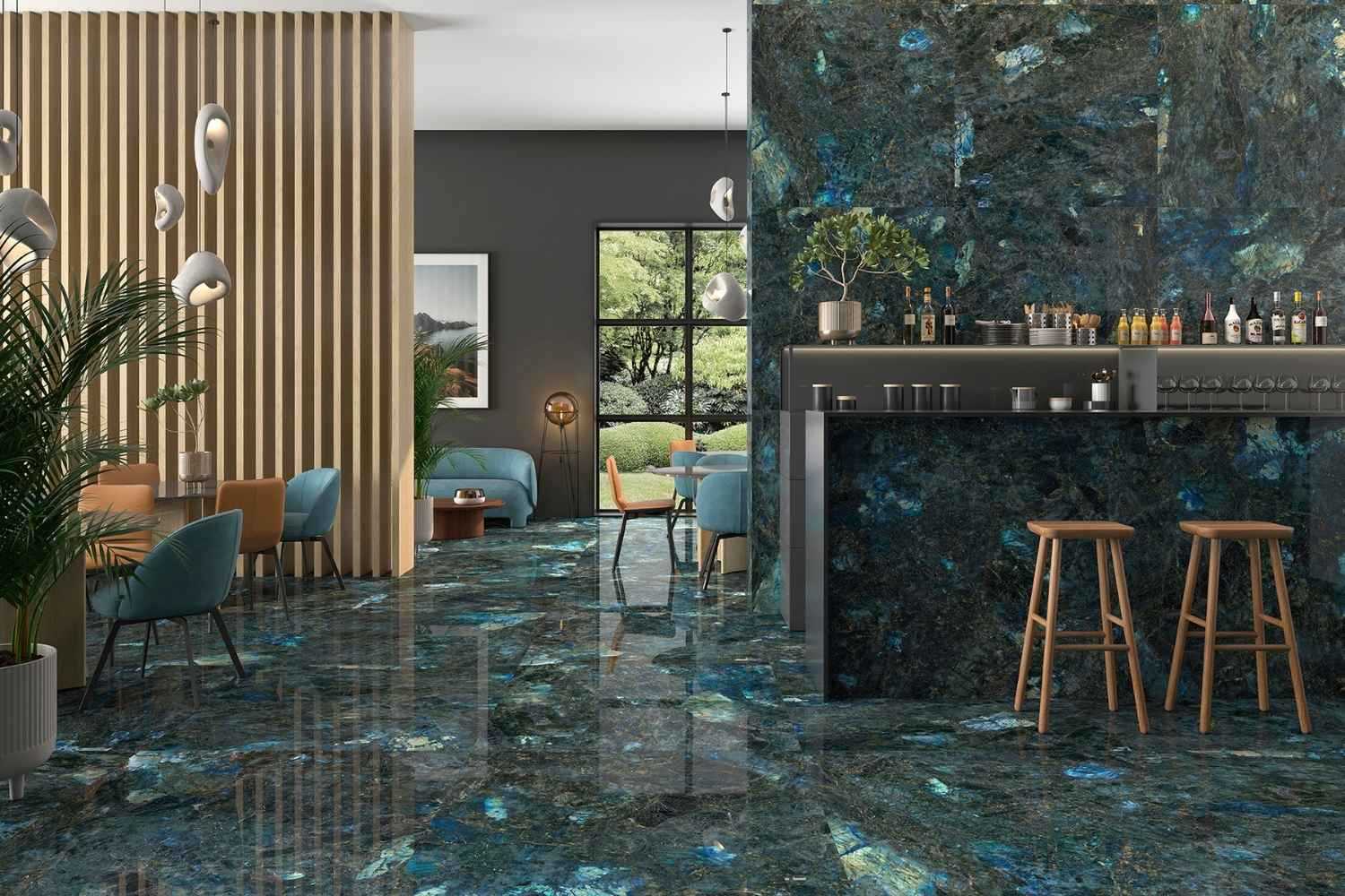 Fliese Marmoroptik blau marmoriert glänzend poliert "Labradorite Blue" Edelstein-Optik  rektifiziert 