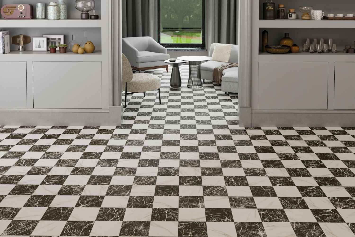 Fliese Marmor-Optik schwarz-weiß gold matt 44,2x44,2cm "Chess Marquina Gold" Feinsteinzeug rektifiziert