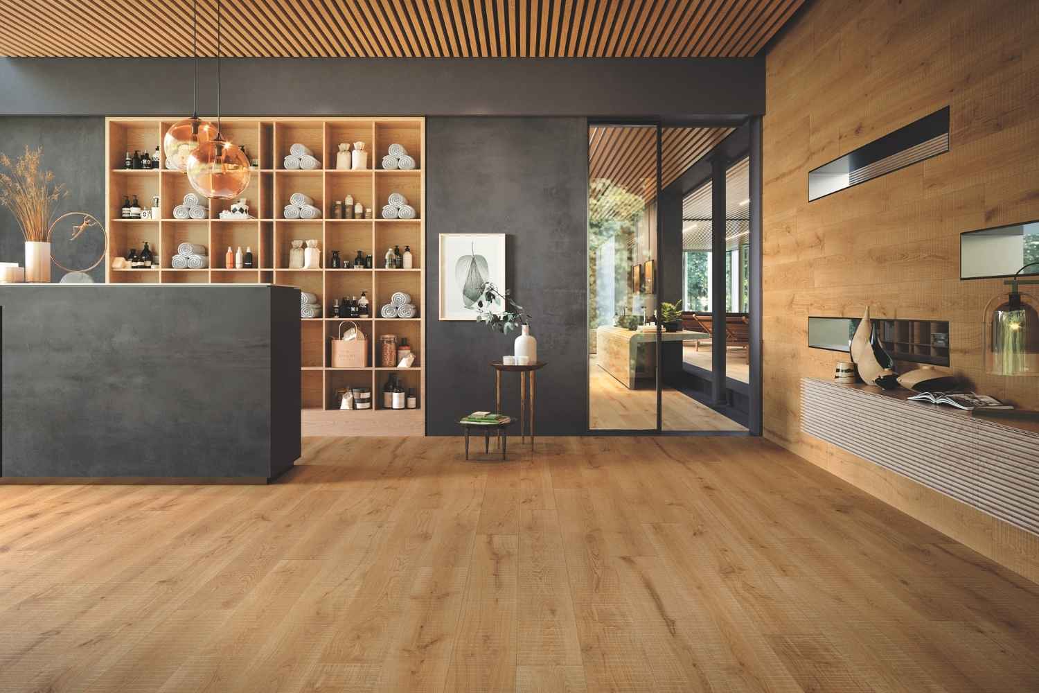 Fliese Holzoptik warme Eiche hellbraun 20x120 cm "Exence Amber" Feinsteinzeug  rektifiziert
