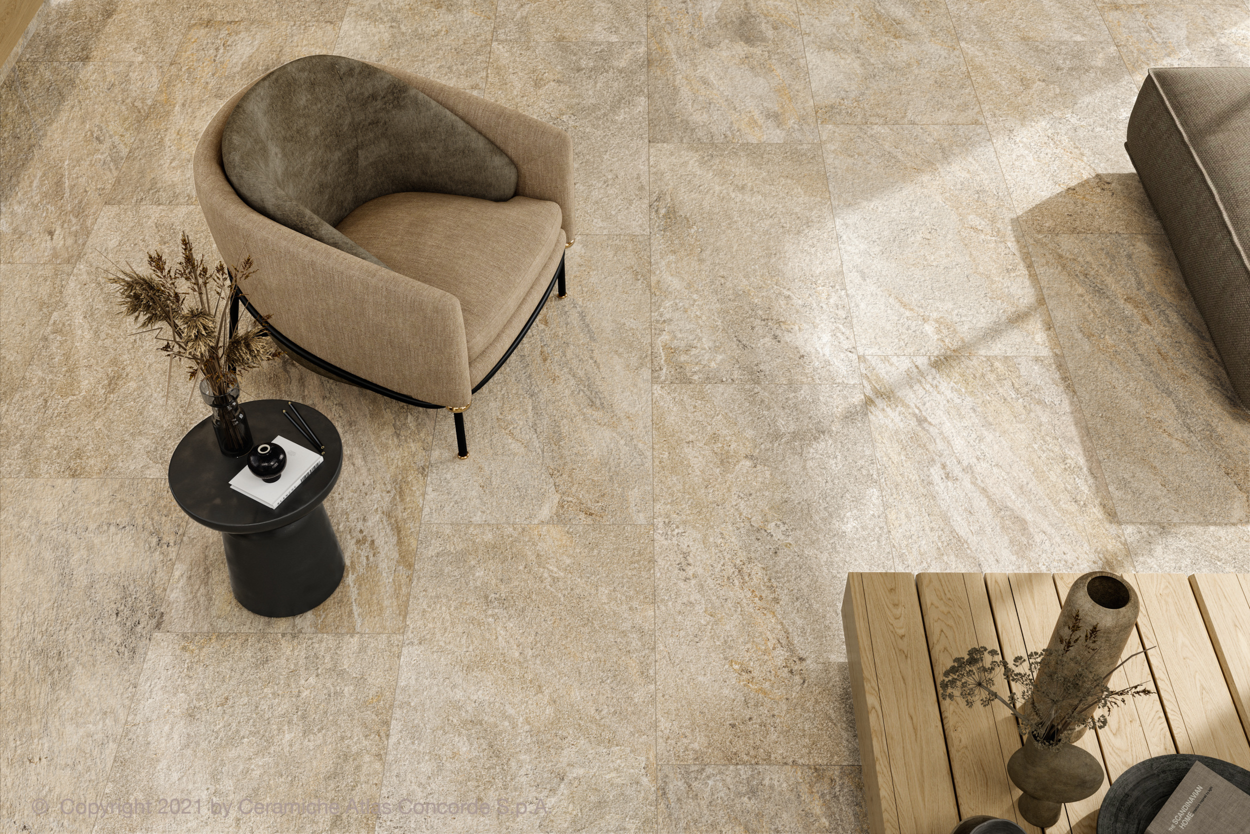 Bodenfliesen Steinoptik Norde Magnesio Atlas Concorde hellgrau beige im Wohnzimmer Bodenfliesen Steinoptik Norde Magnesio Atlas Concorde hellgrau beige im Wohnzimmer