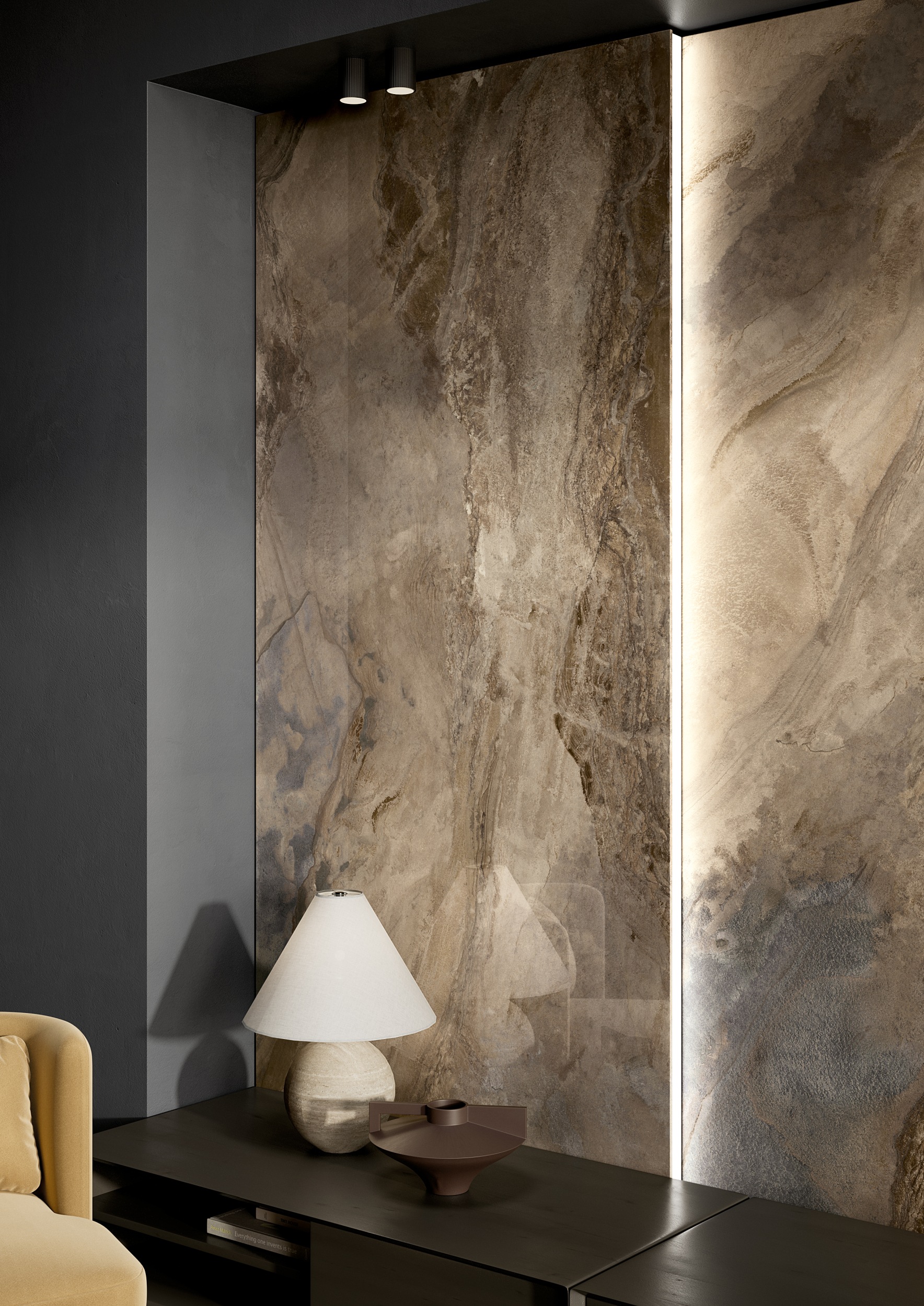 Fliese in Steinoptik Deep Stone Natural von La Fabbrica als Wandfliese im Wohnzimmer