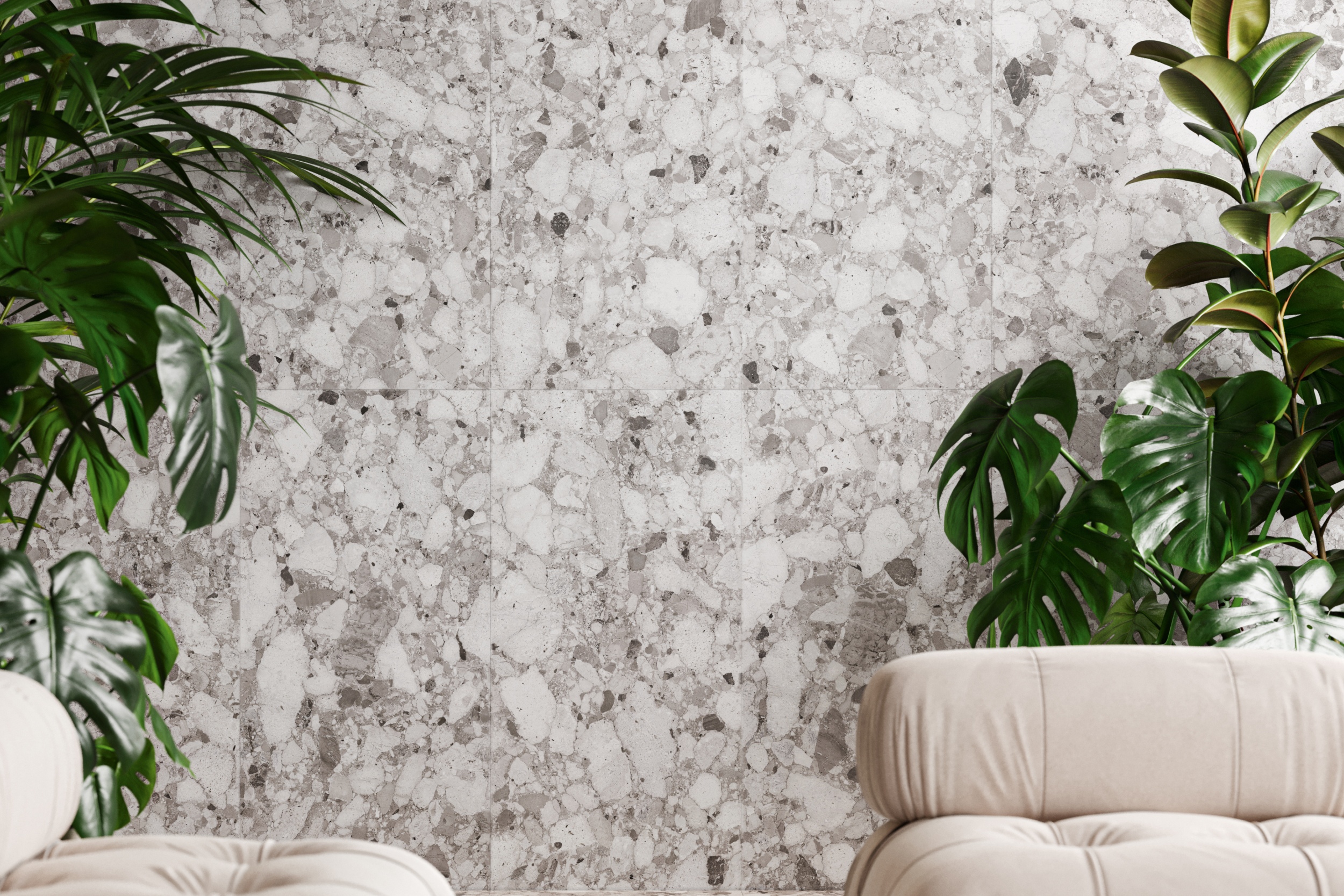 Terrazzo-Fliese große Steinoptik Veni Grey grau matt Bodenfliesen Wandfliesen Luxus