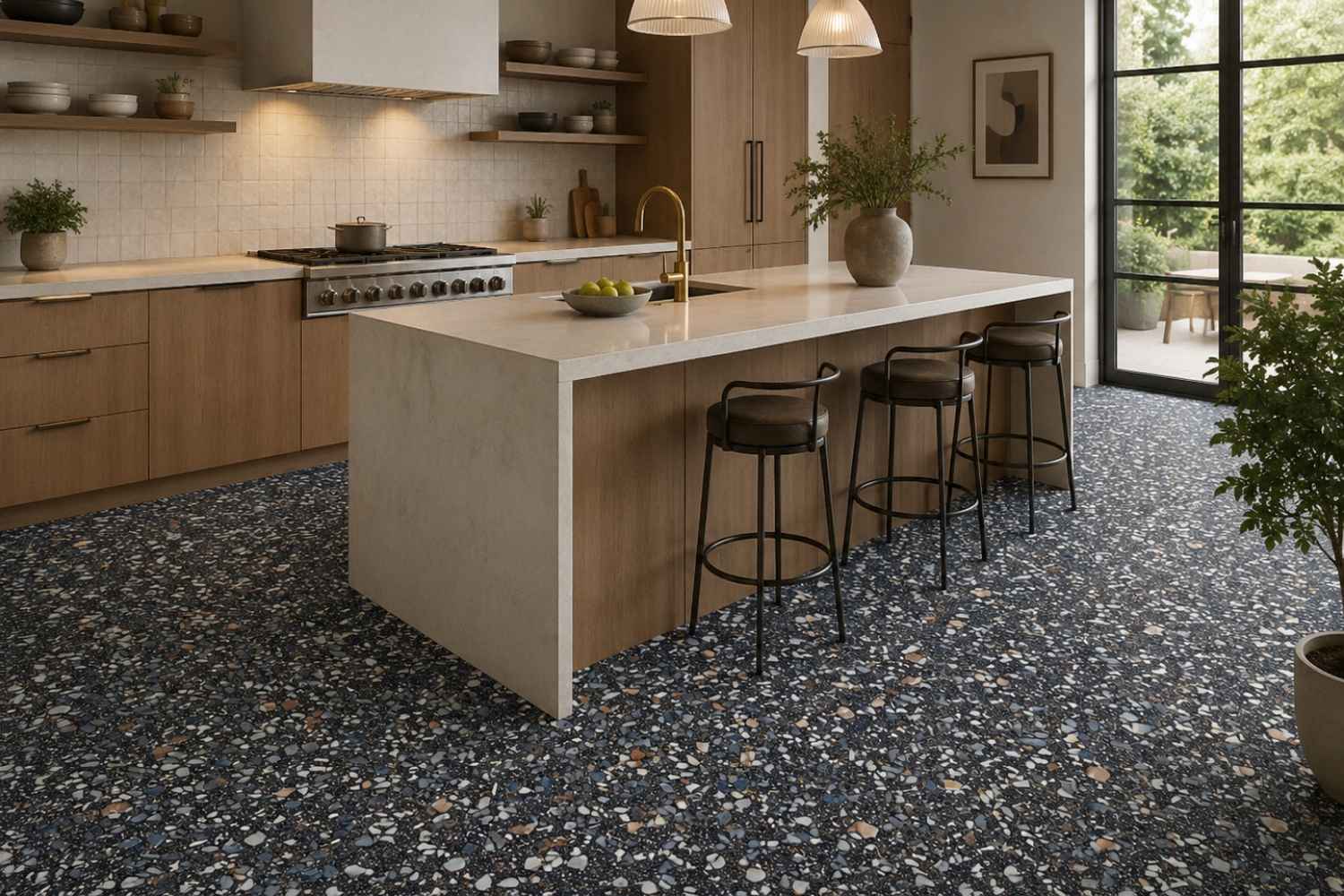 Moderne Küche mit Holzfronten und heller Kücheninsel auf Sant Agostino Glow Plus Night matt – dunkle Feinsteinzeugfliese mit markanter Terrazzo-Optik