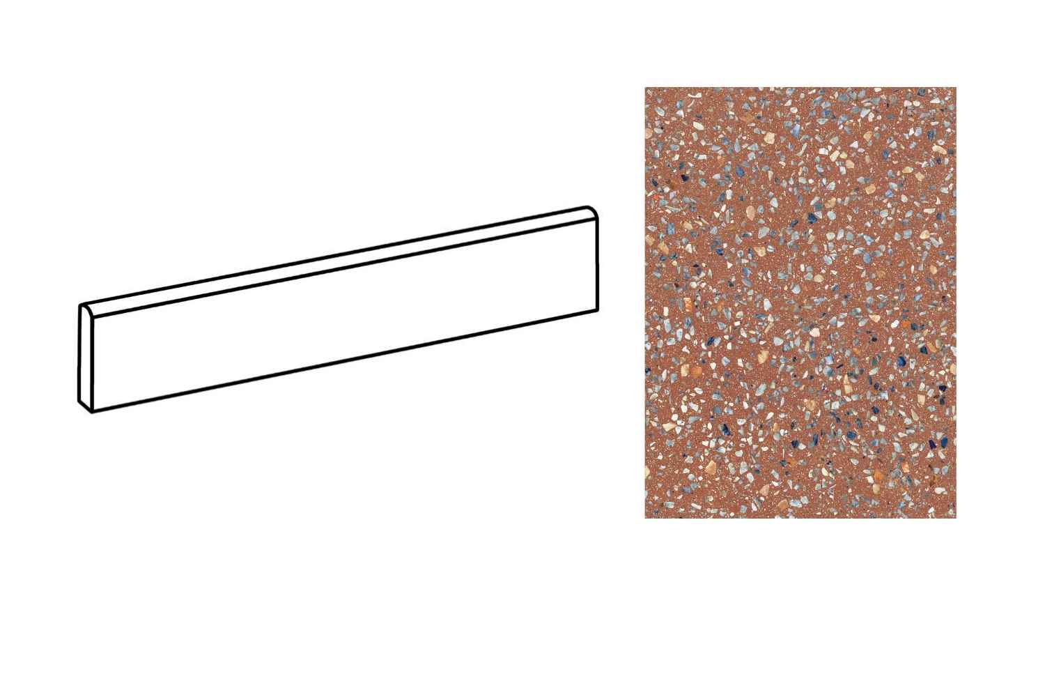 Sant Agostino Glow Plus Sunset Fliesensockel passend zur gleichnamigen Fliesenserie, mit terrakottafarbener Terrazzo-Optik und kontrastreichen Steinfragmenten in Blau, Beige und Weiß