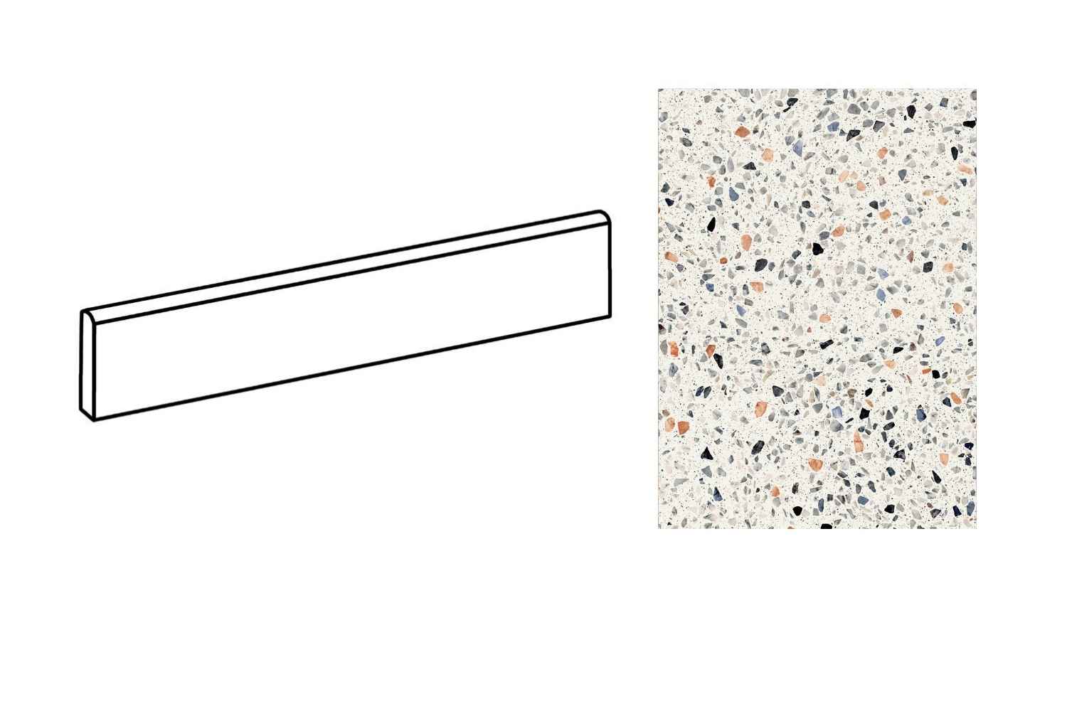 Sant Agostino Glow Plus Moon Fliesensockel passend zur gleichnamigen Fliesenserie, in heller Terrazzo-Optik mit grauen, schwarzen, blauen und warmen Steinfragmenten