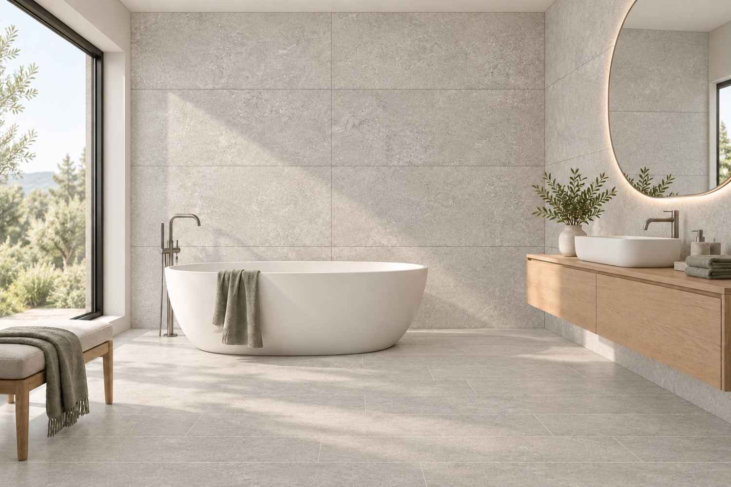 SPC Wandpaneele und Vinylboden Limestone Gris Claro in hellgrauer Steinoptik mit feiner Struktur im hellen Badezimmer mit freistehender weißer Badewanne und schwebendem Holzwaschtisch.
