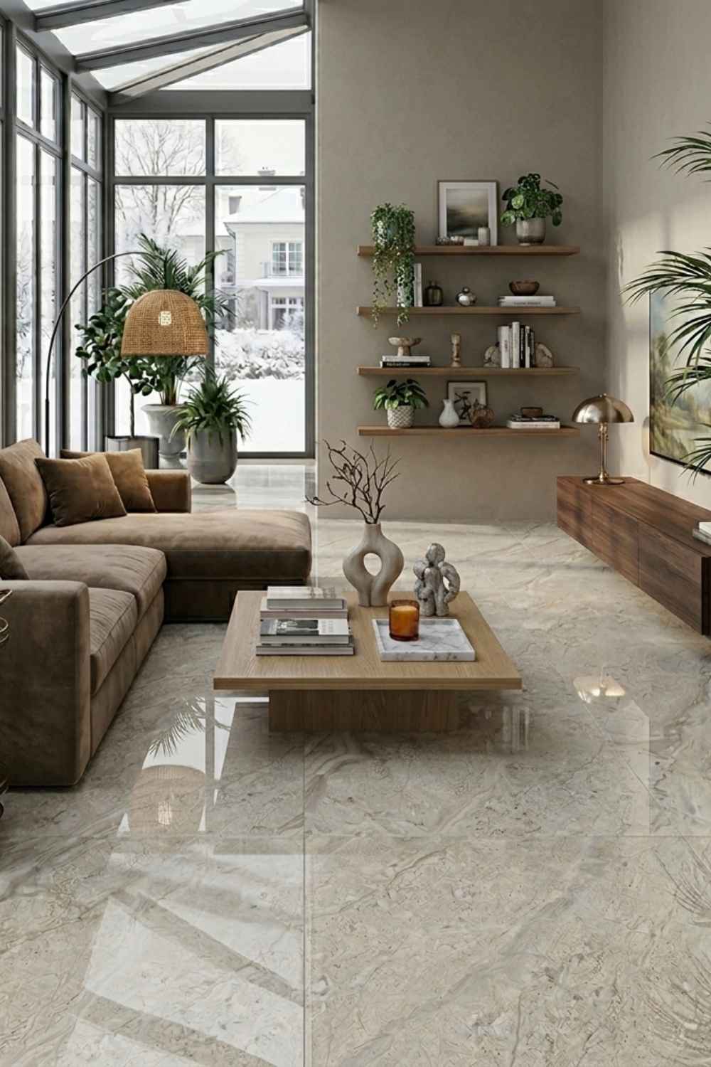Restposten Fliese Steinoptik beige grau glänzend 80 x 80 cm "Dyna Pearl" Feinsteinzeug rektifiziert