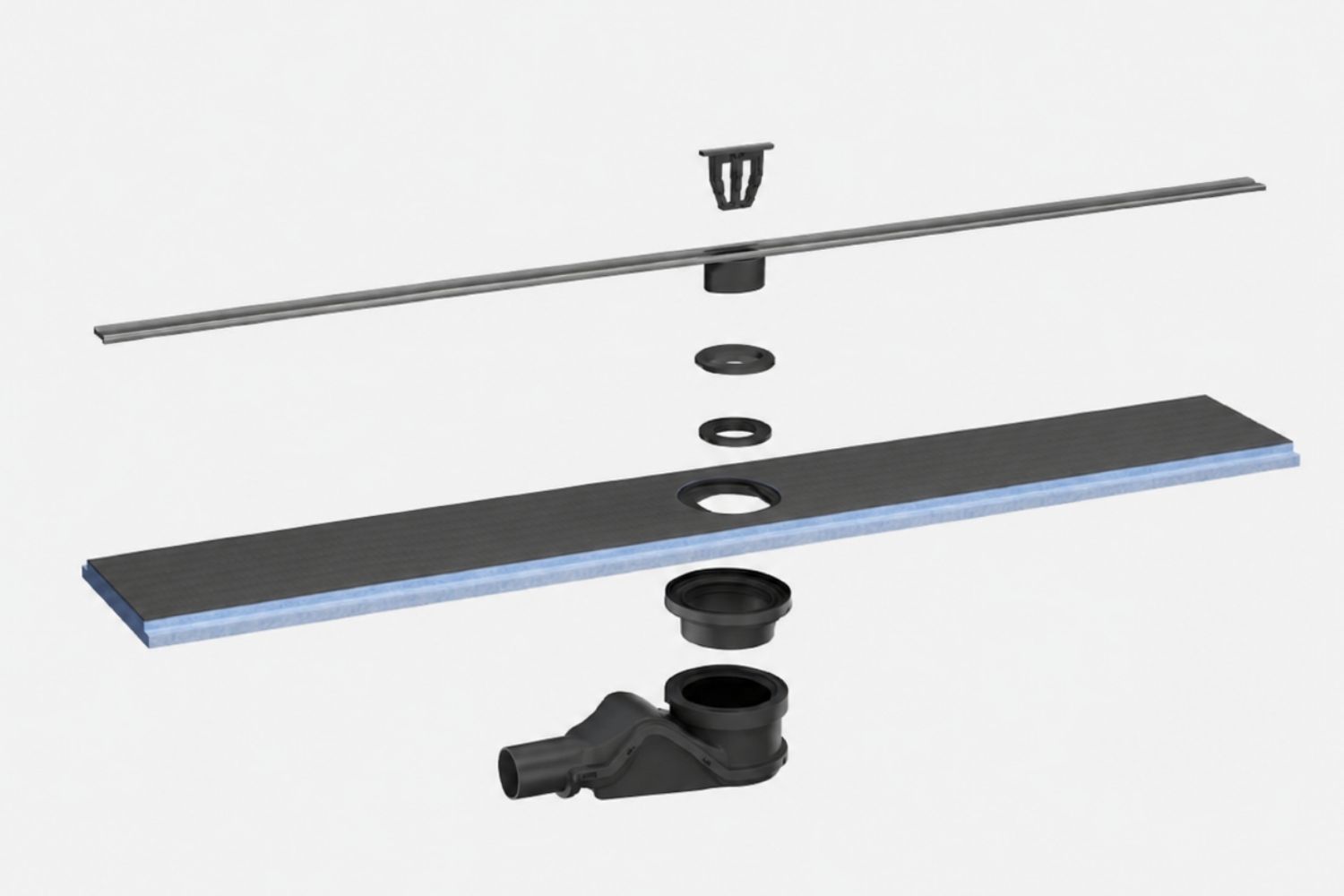 Explosionsdarstellung des wedi Fundo Flex Duschsystems mit Duschrinne und Ablauf