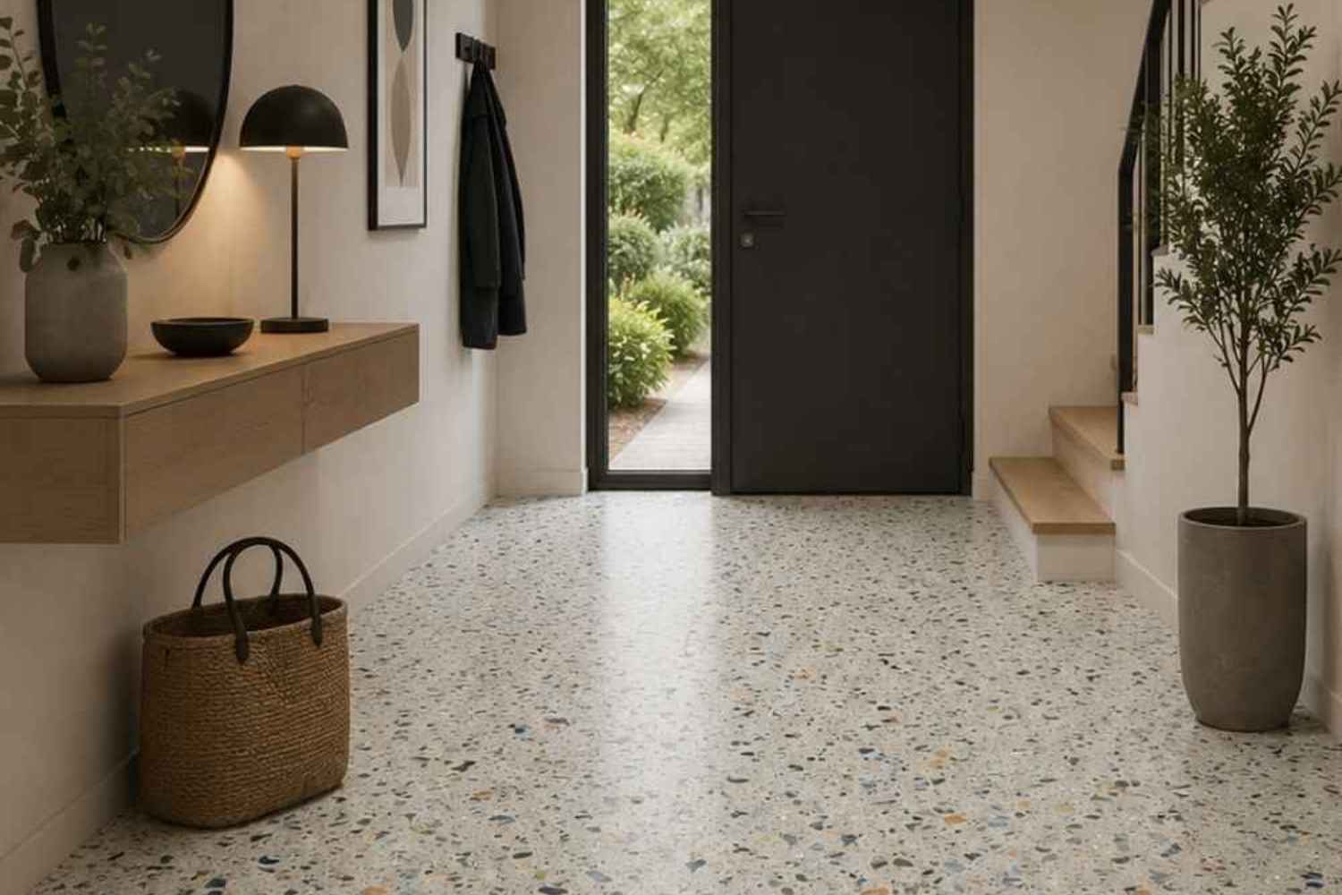 Sant Agostino Glow Plus Sage matt als helle Bodenfliese in feiner Terrazzo-Optik im modernen Flur mit Holzkonsole, schwarzer Haustür und natürlichen Grünakzenten