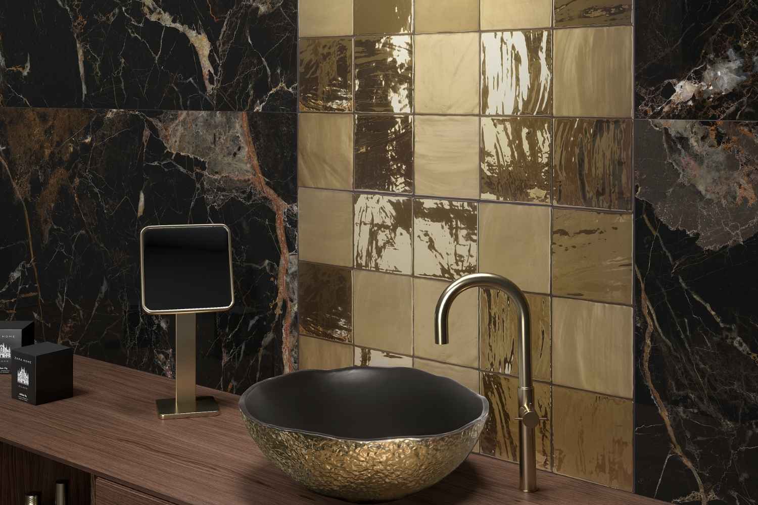 Zellige Wandfliese 15x15 cm "Marrakesh Glow Gold Glossy" gold glänzend  
