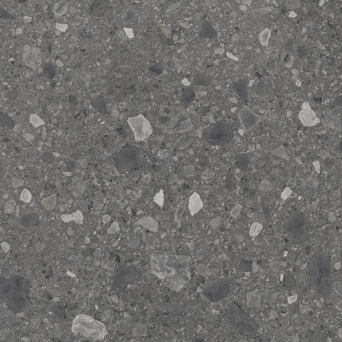 Terrazzo-Fliese dunkelgrau "Orobica Anthracite" ausdrucksstarke Steinoptik rektifiziert