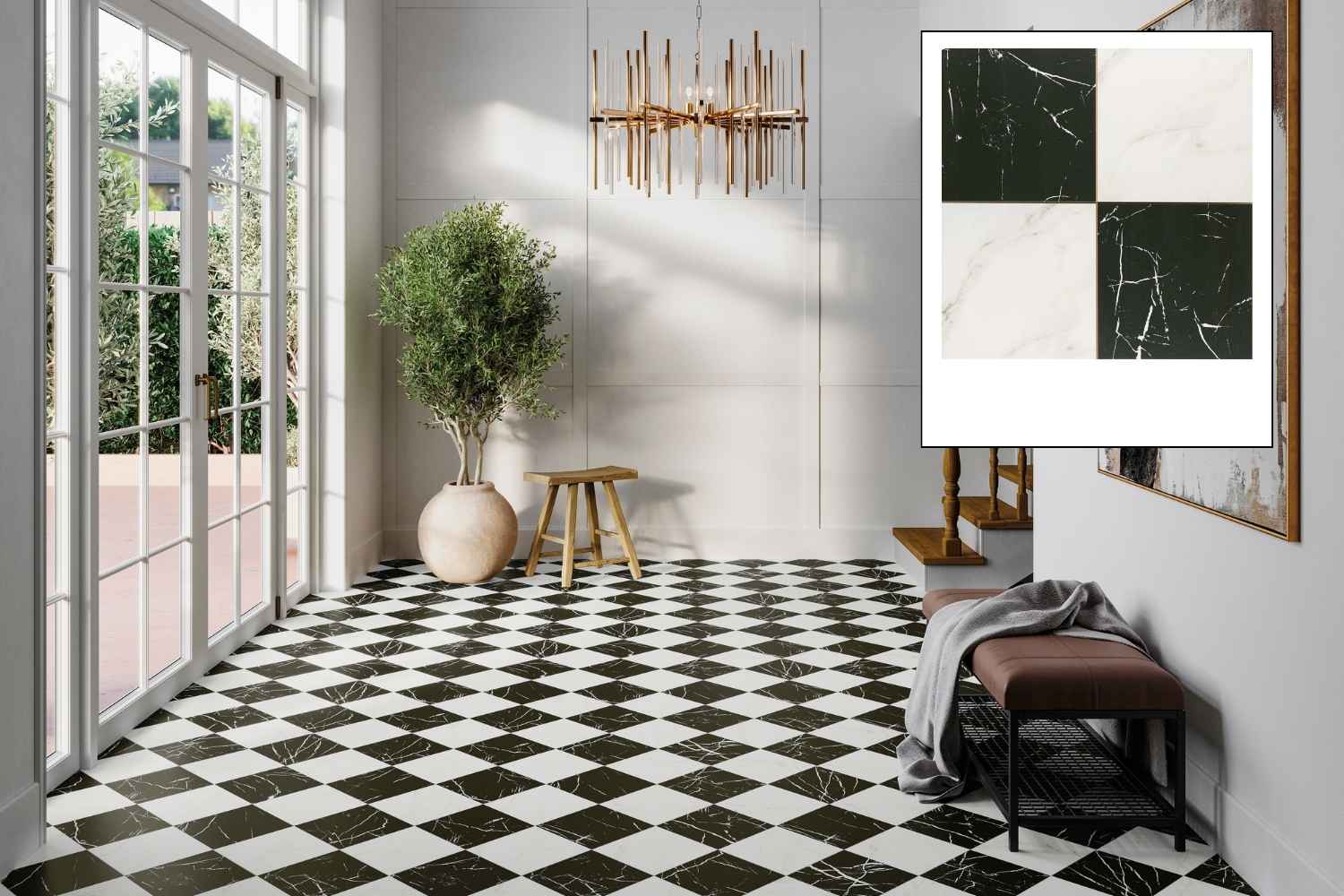 Fliese Marmor-Optik schwarz-weiß matt 44,2x44,2cm "Chess Marquina" Feinsteinzeug rektifiziert