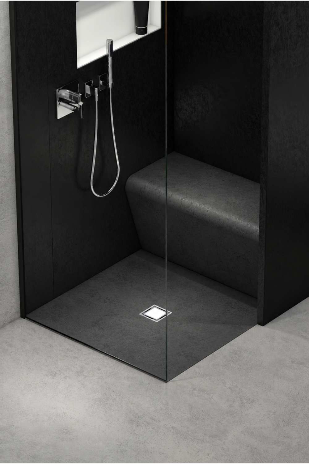 wedi Sanoasa Top Sitzbank "Carbon Schwarz" Natursteinoptik – montagefertige Oberfläche 120x38x45,9 cm