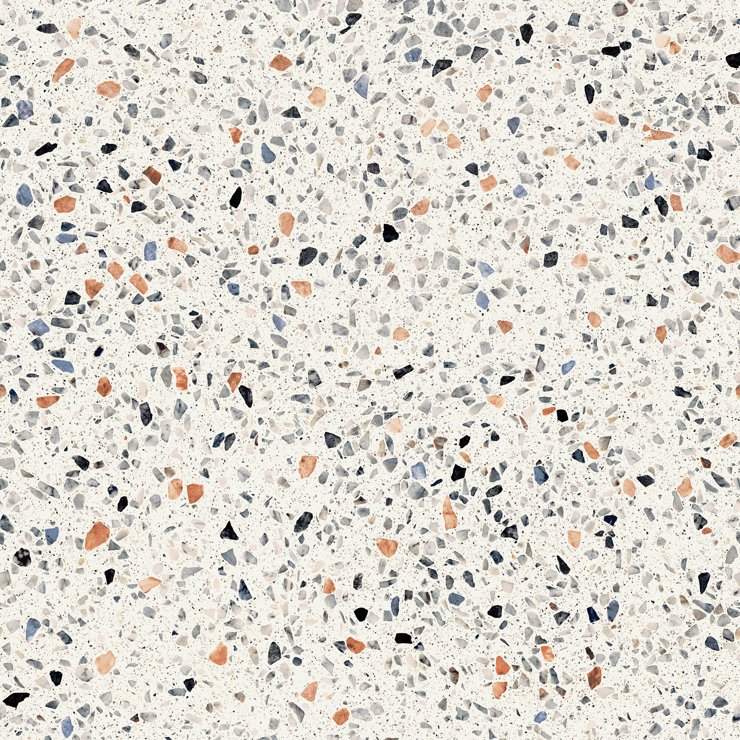 Freisteller der Sant Agostino Glow Plus Moon Fliese im Format 120x120 cm mit heller Grundfarbe und mehrfarbiger Terrazzo-Optik