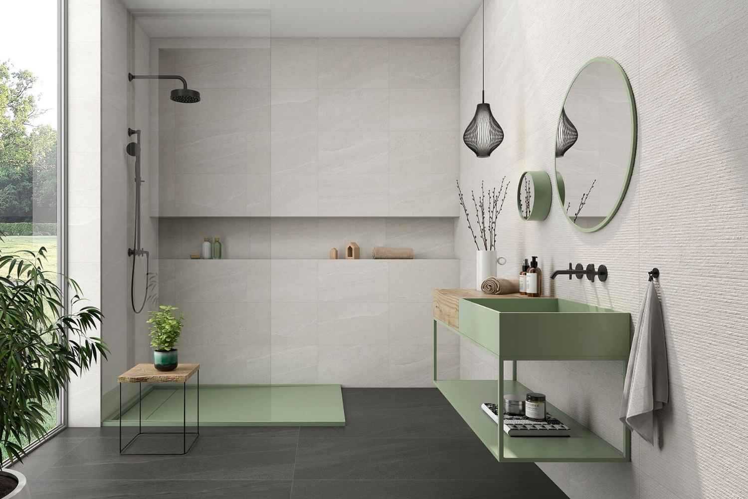 Wandfliese Sandstein-Optik weiß 33,3 x 100 cm "Eddystone Blanco" Feinsteinzeug rektifiziert 
