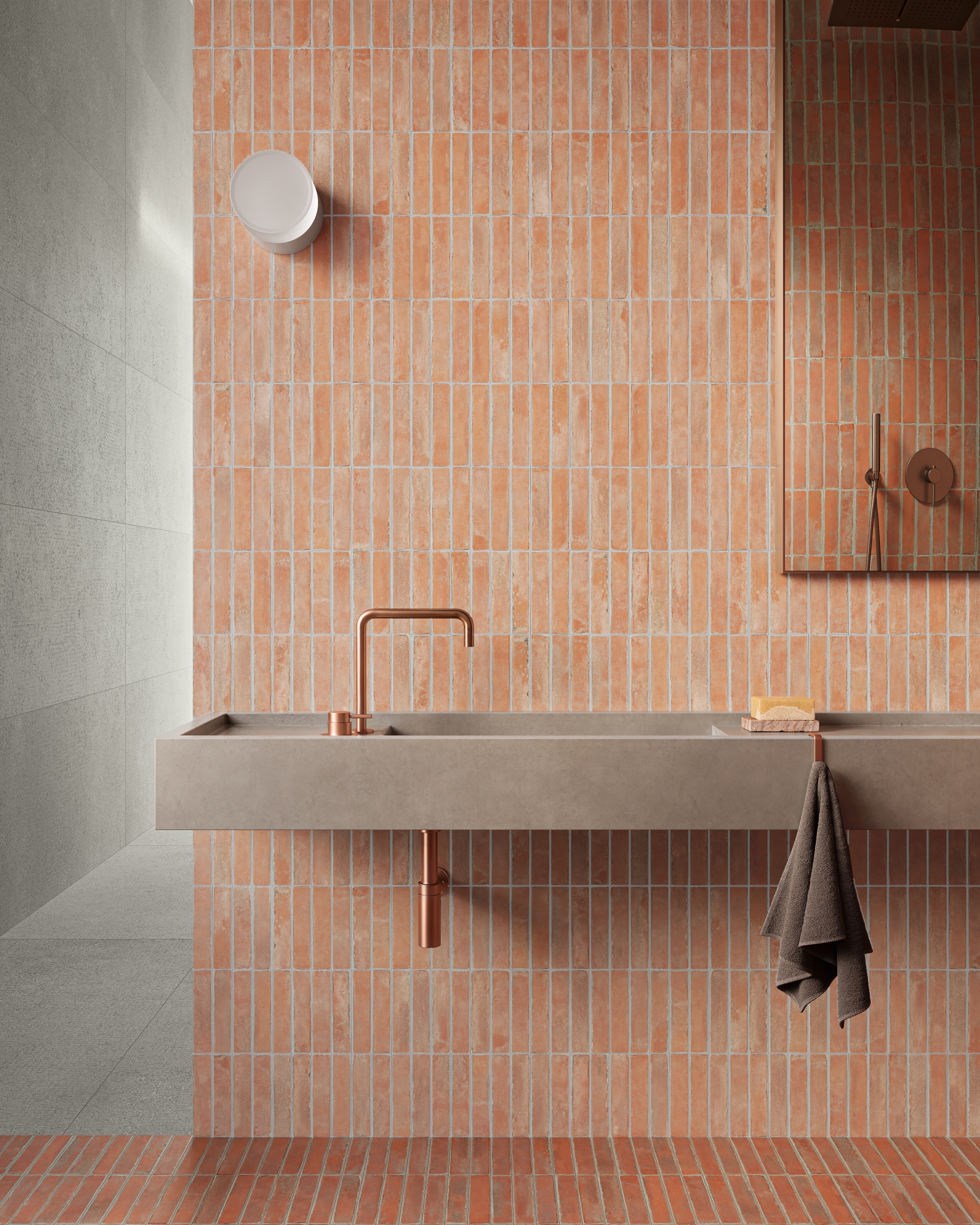 Wandfliesen Klinker Riemchen Ziegel Bit Natural Sant Agostino helles terracotta orange terrakotta im Badezimmer