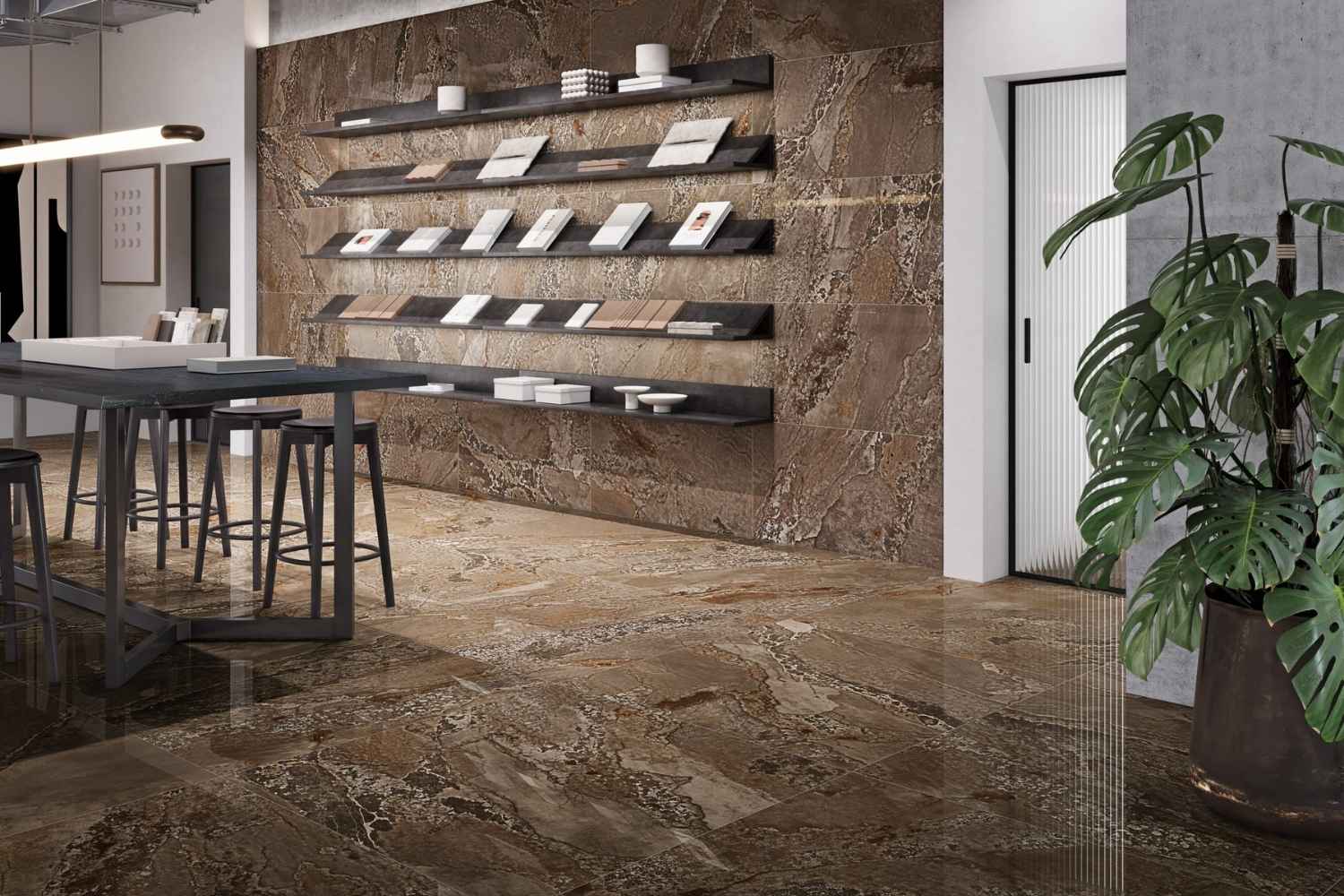 Fliese Metalloptik braun glänzend 60x120cm "Planet Oxid" Feinsteinzeug rektifiziert