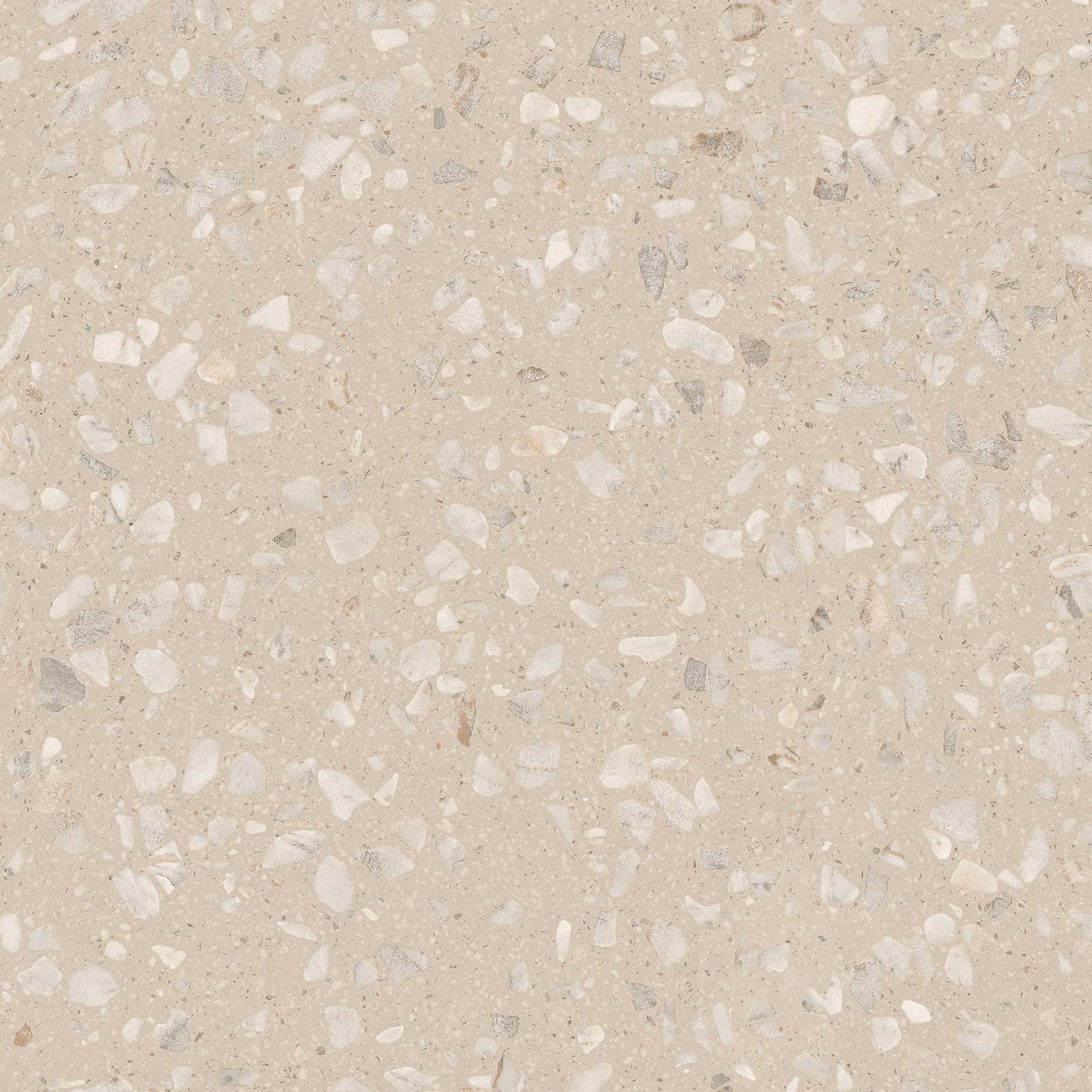 Freigestellte Sant Agostino Glow Sand Fliese im Format 60x60 cm mit warmem sandbeigem Grundton und feiner Terrazzo-Struktur mit hellen Einsprenkelungen