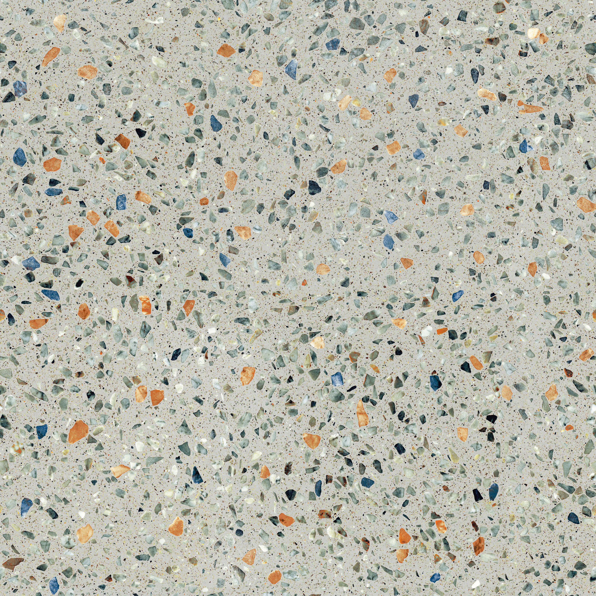 Sant Agostino Glow Plus Sage Freisteller 120x120 mit hellem Grundton und terrazzoartiger Oberfläche aus grünen, blauen, beigen und terracottafarbenen Steinfragmenten