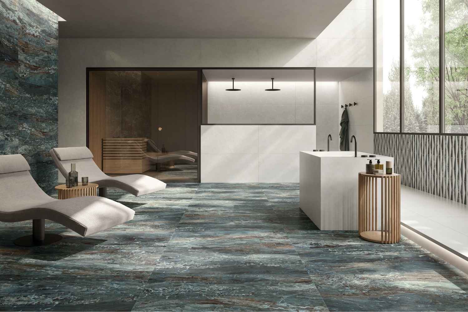 Monocibec On Stage Broadway in blaugrauer Marmoroptik im modernen Wellnessbereich