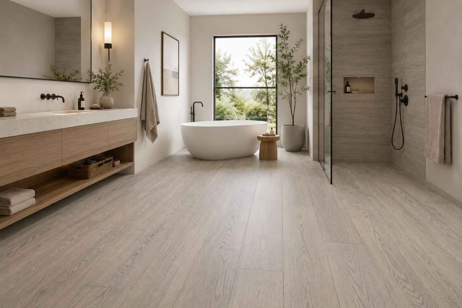 Chestnut Nussbraun 20x120 cm matt in warmer Holzoptik als Bodenfliese im modernen Badezimmer mit Badewanne und Dusche