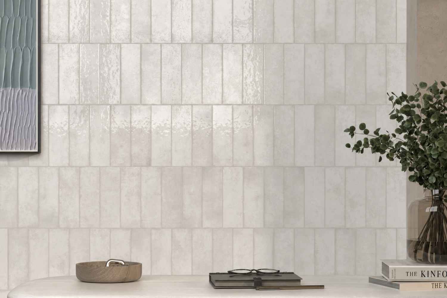 Fliese unregelmäßige Oberfläche 6,5x20 cm "Alfa Look Bianco" weiß glänzend