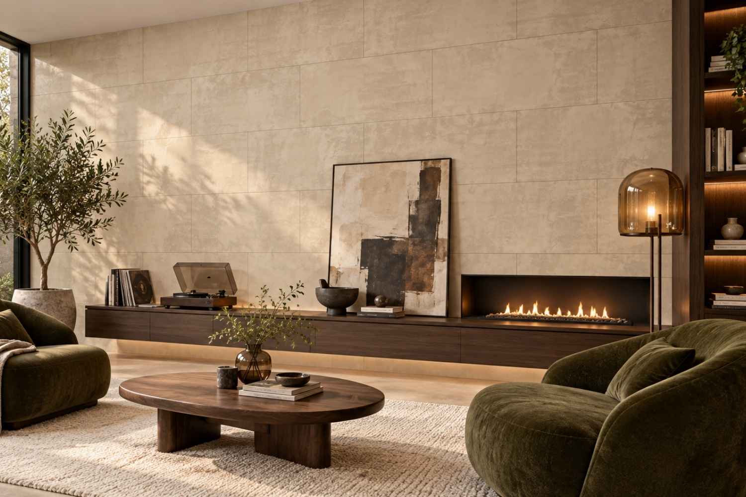 SPC Wandpaneele Stone Nacar in warmer beiger Steinoptik mit dezenter wolkiger Struktur und sichtbaren Fugen im Wohnzimmer mit integriertem Kamin, schwebendem Holzlowboard und olivgrünen Sitzmöbeln.