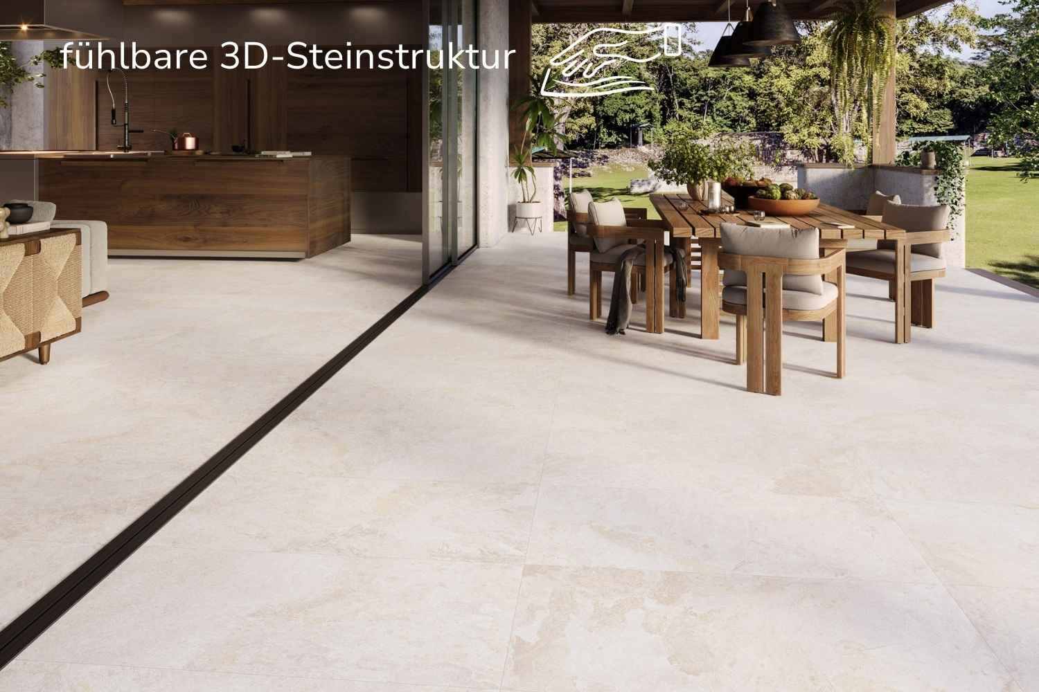 Fliese Natursteinoptik hellbeige matt 60x120 cm "Nebula Cream" Feinsteinzeug mit fühlbarer 3D-Steinstruktur
