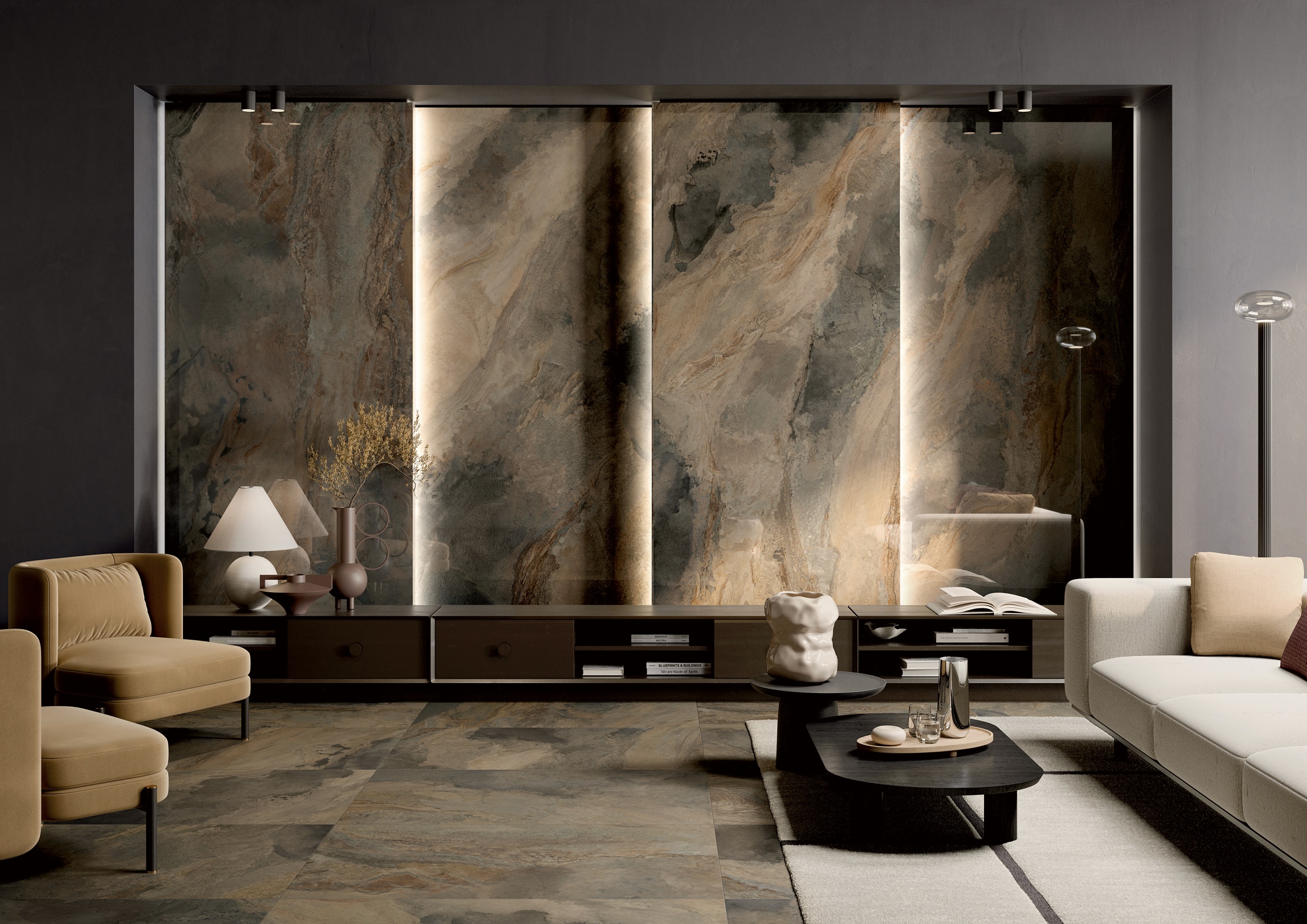 Fliese in Steinoptik Deep Stone Natural von La Fabbrica als Wandfliese im Wohnzimmer