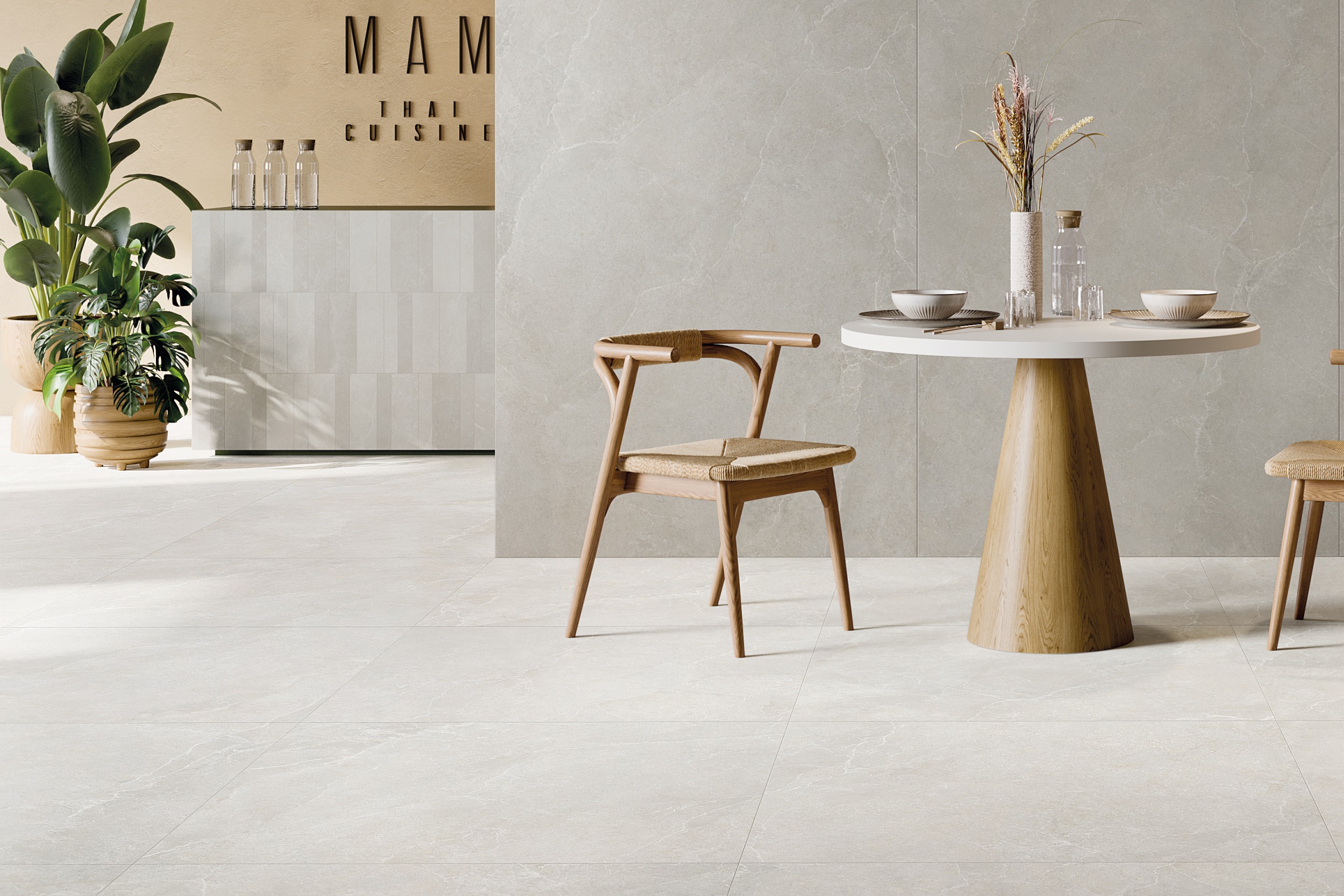 Fliese mit Steinoptik La Fabbrica Noble Stone White Bodenfliese im Esszimmer Küche