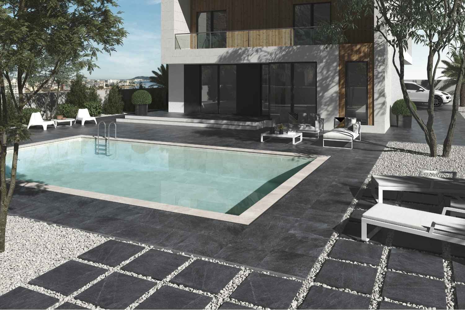 Terrassenplatte Schiefer-Steinoptik schwarz "Slaterock Black" Feinsteinzeug 2cm rektifiziert 