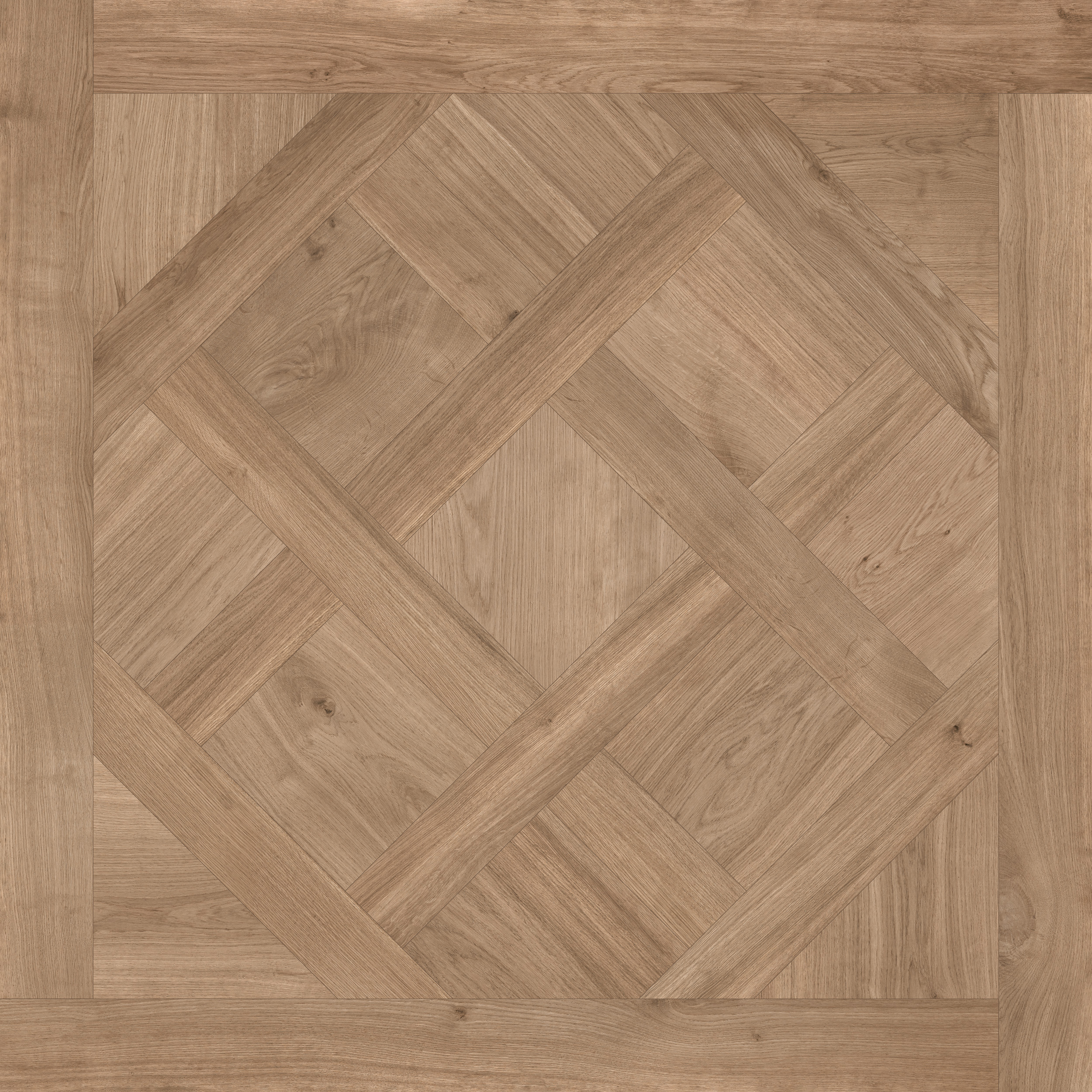 Freisteller der Sant Agostino Ricordi Classic 02 Primewood Nut im Format 90x90 cm mit warmer Nussbaum-Holzoptik, feiner Maserung und dekorativer Tafelparkett- und Kassettenparkett-Struktur