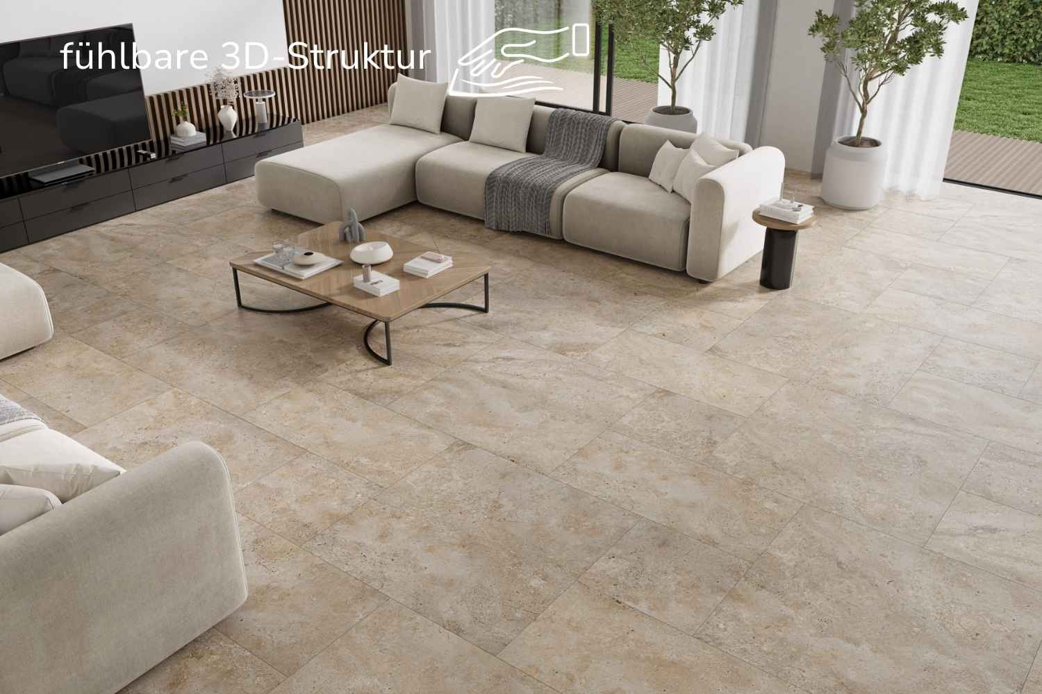 Fliese Natursteinoptik beige matt "Petra Beige" Feinsteinzeug mit fühlbarer 3D-Steinstruktur