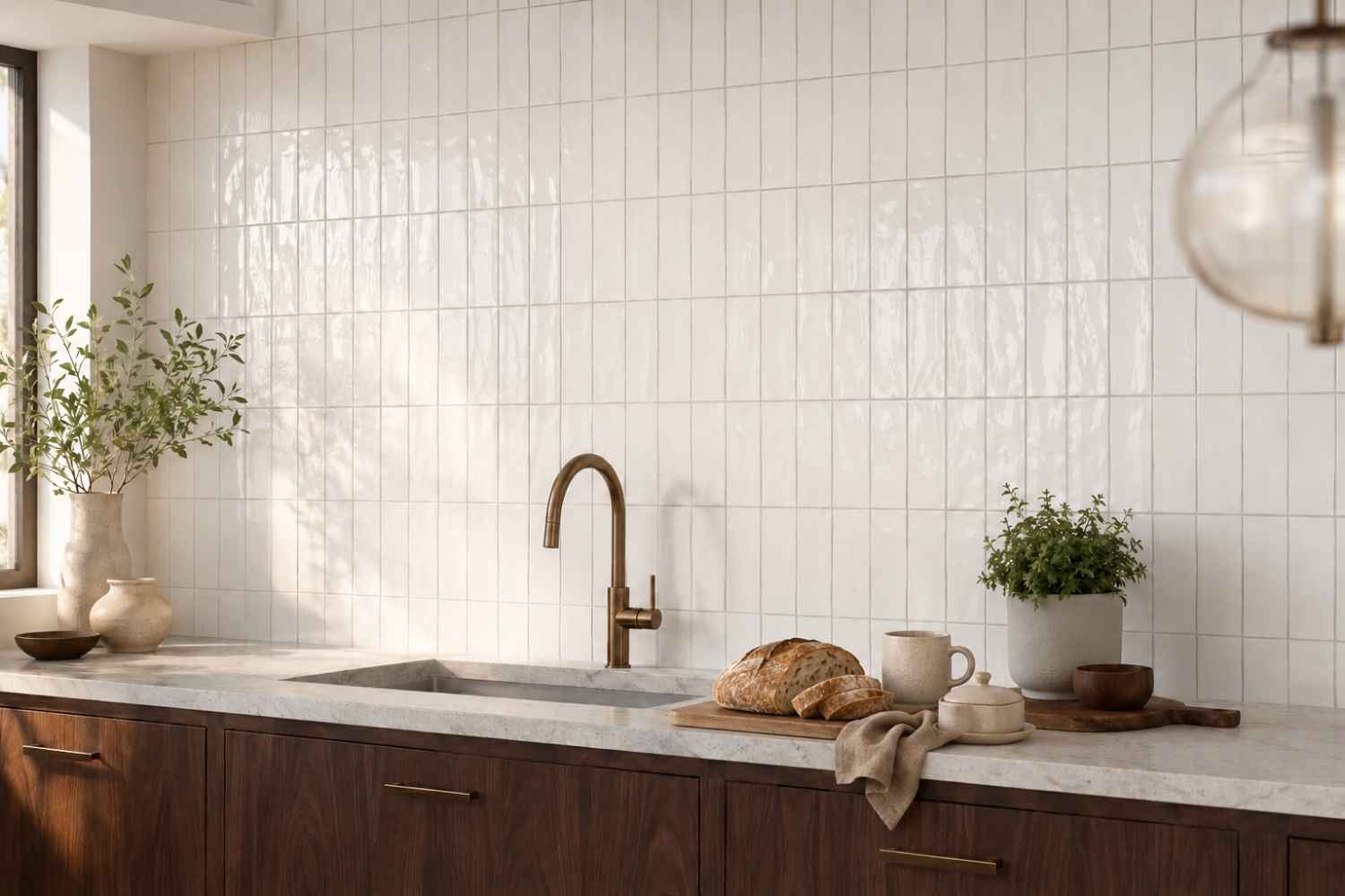 Weiße Wandfliese Marrakesh Glow Blanco als glänzender Fliesenspiegel in einer modernen Küche mit Holzfronten