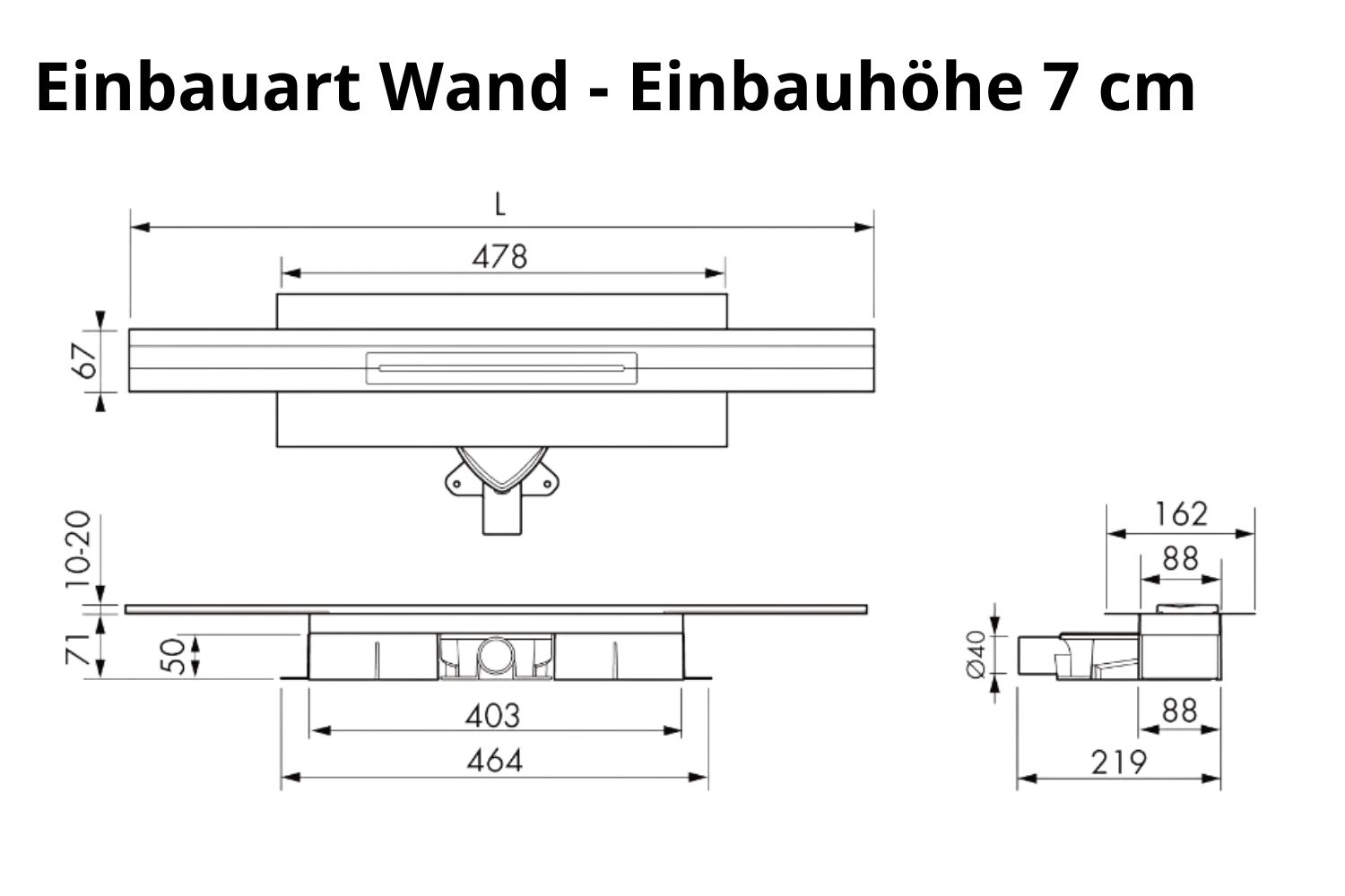 Kürzbare Duschrinne Edelstahl gebürstet natur „V-Shower Wand“ Komplettset Einbauhöhe 7cm  | Länge 100cm
