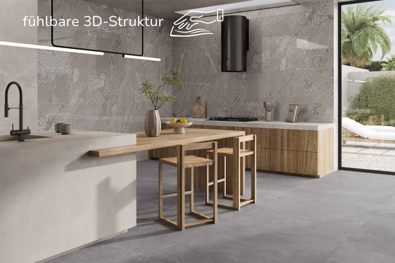 Fliese Metalloptik grau matt 60x120cm "Planet Grey" Feinsteinzeug rektifiziert - mit fühlbarer 3D-Struktur