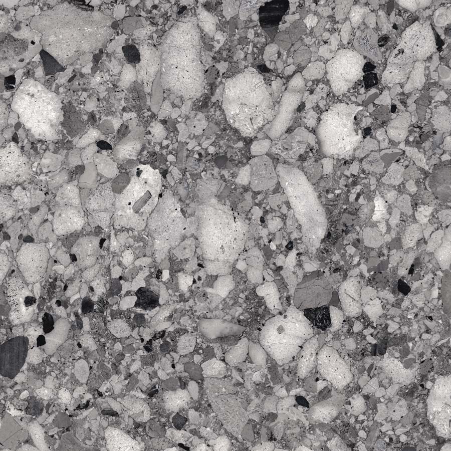 Fliese Terrazzo-Steinoptik dunkelgrau glänzend 120x120 cm "Veni Dark" rektifiziert