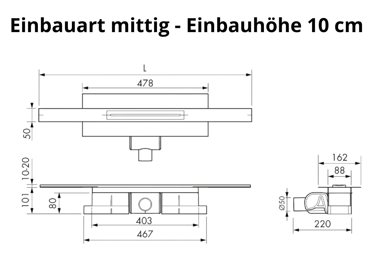 Kürzbare Duschrinne weiß pulverbeschichtet „V-Shower Flex“ Komplettset Einbauhöhe 10cm  | Länge 100cm