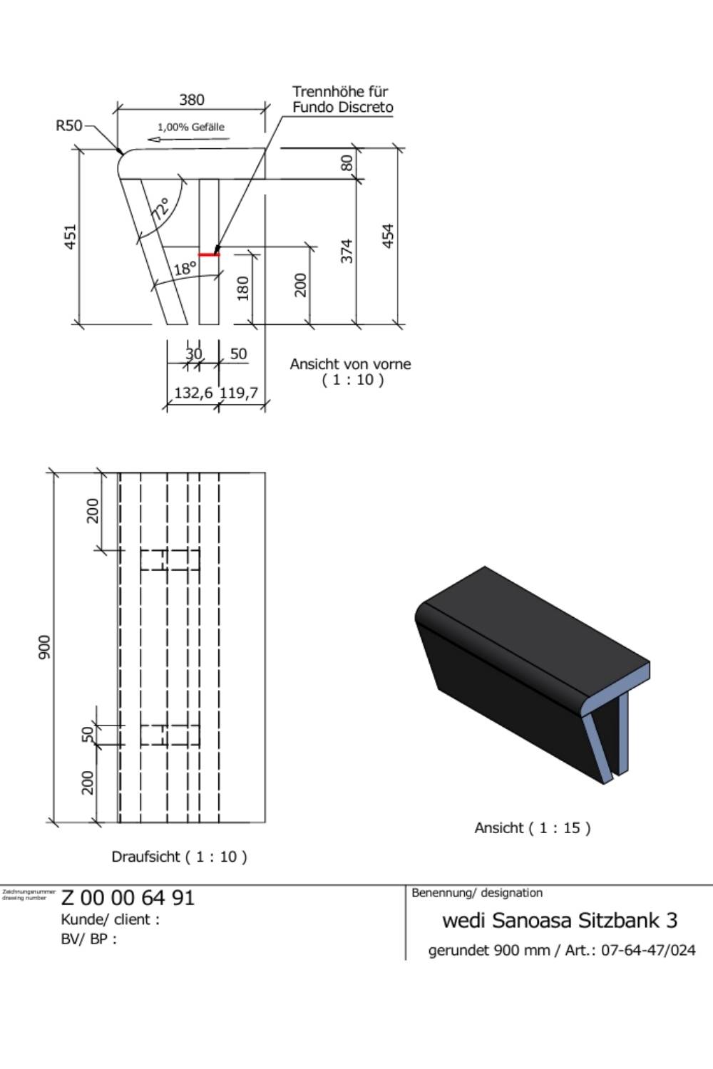 wedi Sanoasa Sitzbank – befliesbare Duschbank gerundet 900×380×454 mm