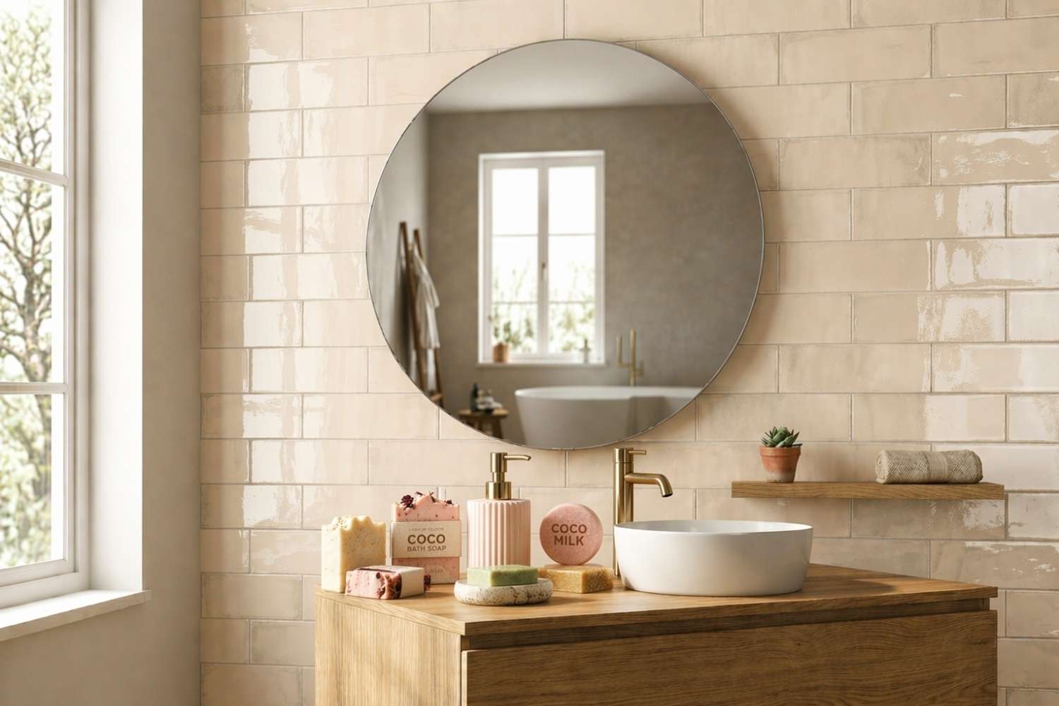 Fliese Harlem Natural 7,5x30 cm beige glänzend Metrofliese unregelmäßige Kanten im Badezimmer