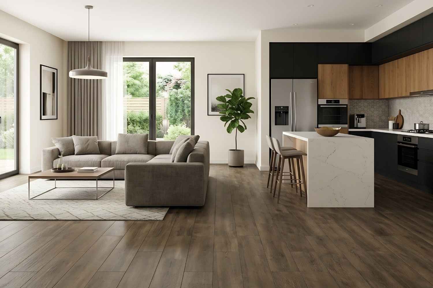 Fliese Holzoptik dunkelbraun Wohnzimmer 20x120 cm