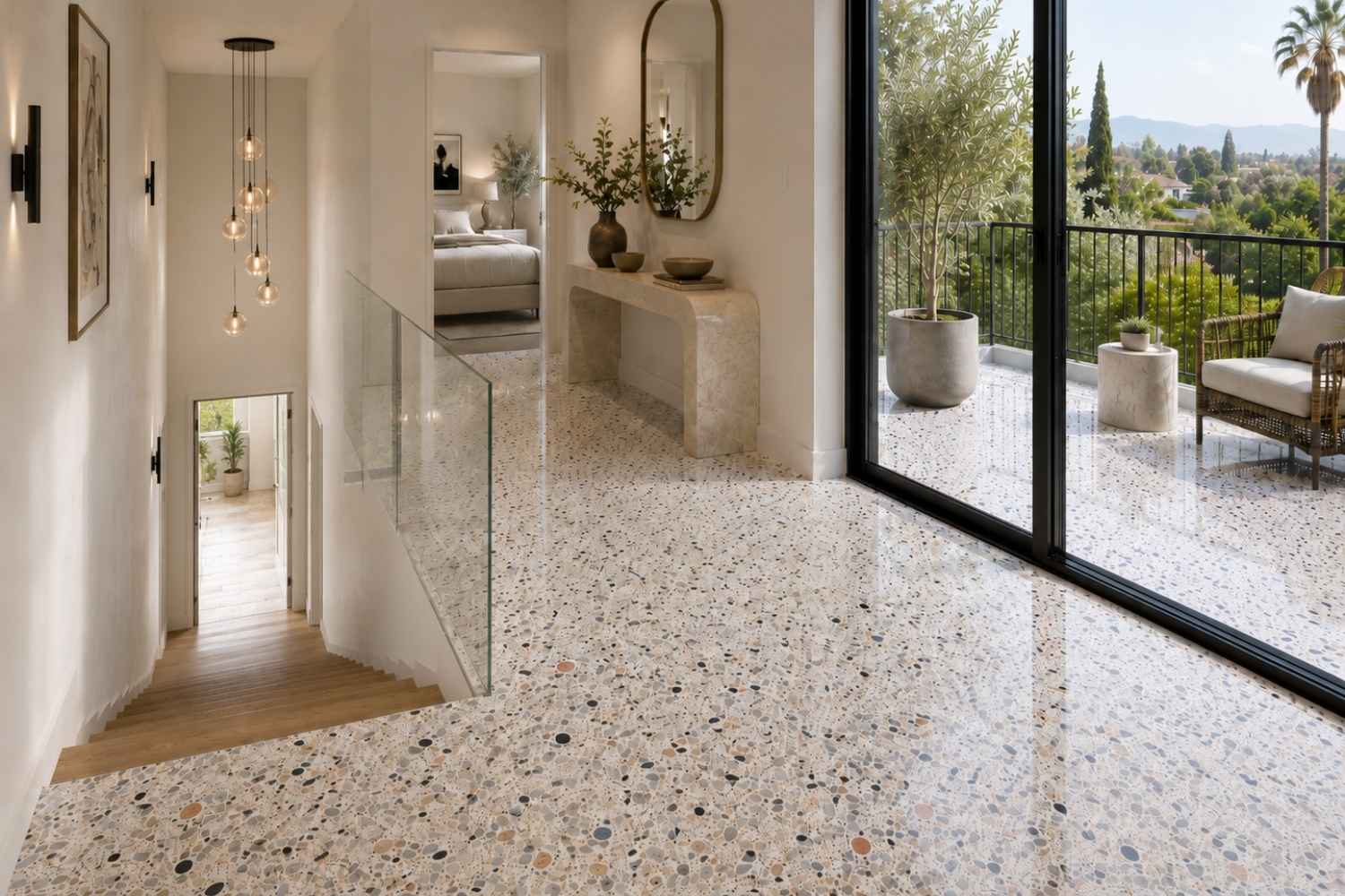 Sant Agostino Glow Plus Moon glänzend poliert als heller Bodenbelag in Terrazzo-Optik im oberen Flurbereich mit Glasgeländer und angrenzendem Balkon
