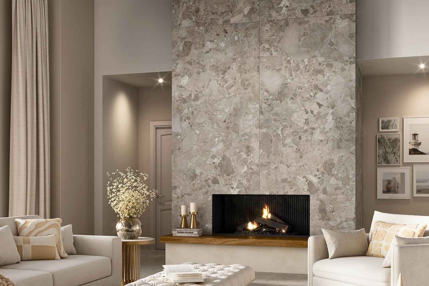 Graue Terrazzo Feinsteinzeug Fliesen Dozza Stone Greige im Wohnbereich mit natürlicher Einrichtung und viel Licht