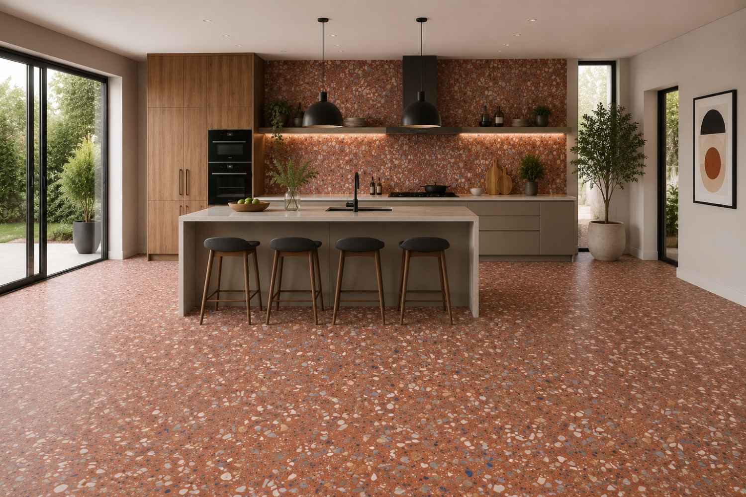 Modernes Küchenbild mit Sant Agostino Glow Plus Sunset matt in warmer Terrakotta-Terrazzo-Optik auf Boden und Rückwand, heller Kücheninsel, Holzfronten und schwarzen Pendelleuchten