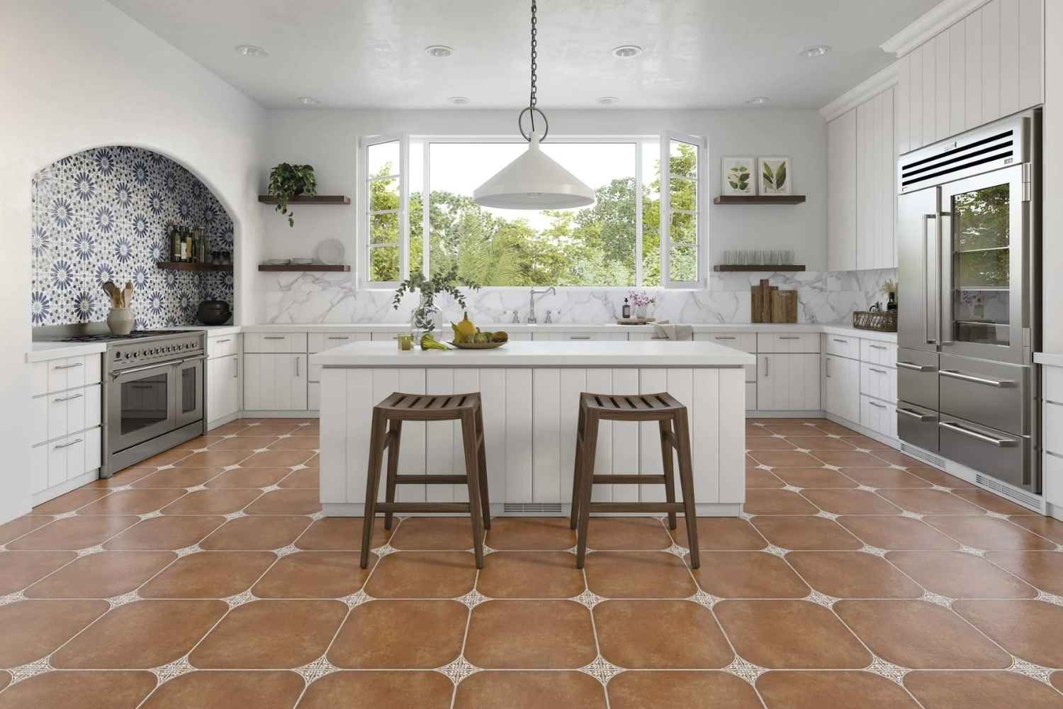 Fliese in Cotto-Optik mit dekorativen Eckdetails 45x45cm "Aranjuez" Feinsteinzeug rektifiziert