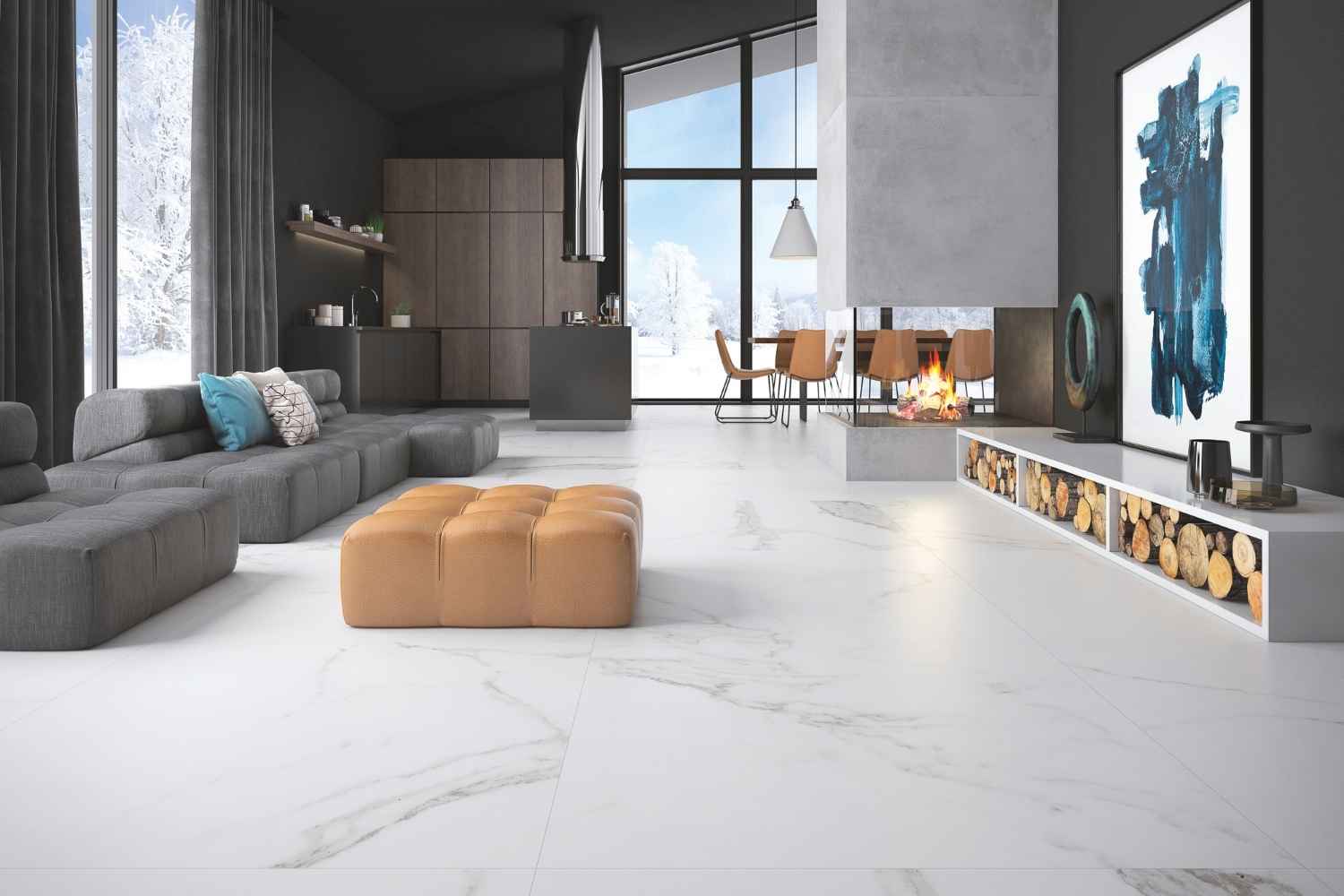 Halcon Palatina weiß matt als helle Bodenfliese in Marmoroptik im modernen Wohnzimmer