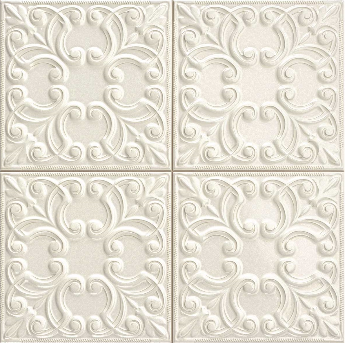 Antike Wandfliese Kachelofen-Fliese weiß 44,2x44,2cm "Tin Tile Zinc" Vintage orientalisch metallisch schimmernd