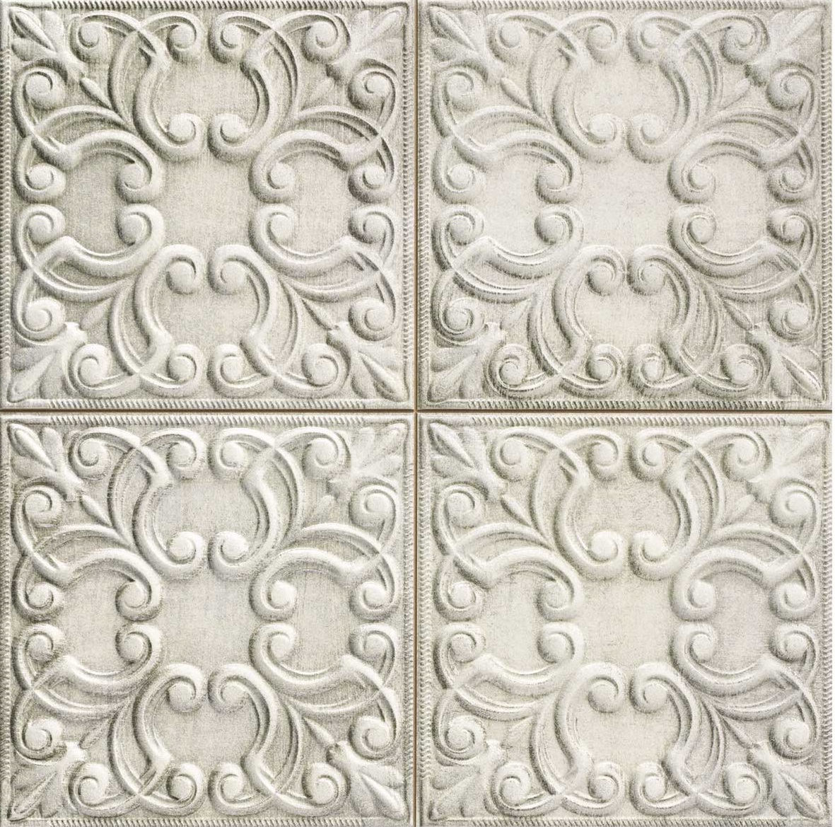 Antike Wandfliese Kachelofen-Fliese weiß 44,2x44,2cm "Tin Tile Zinc" Vintage orientalisch metallisch schimmernd
